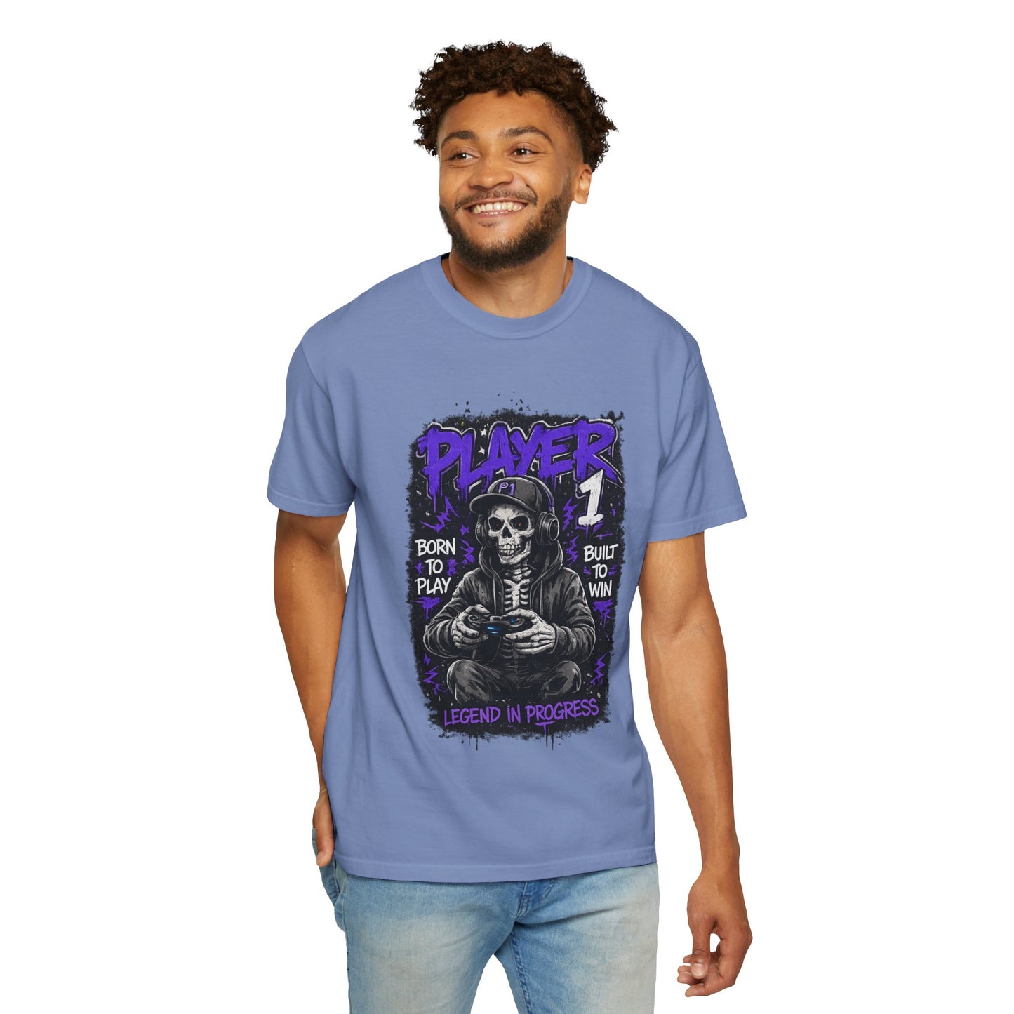Grim Reaper Gamer Player 1 T-Shirt | Skull Skeleton Video Game Graphic