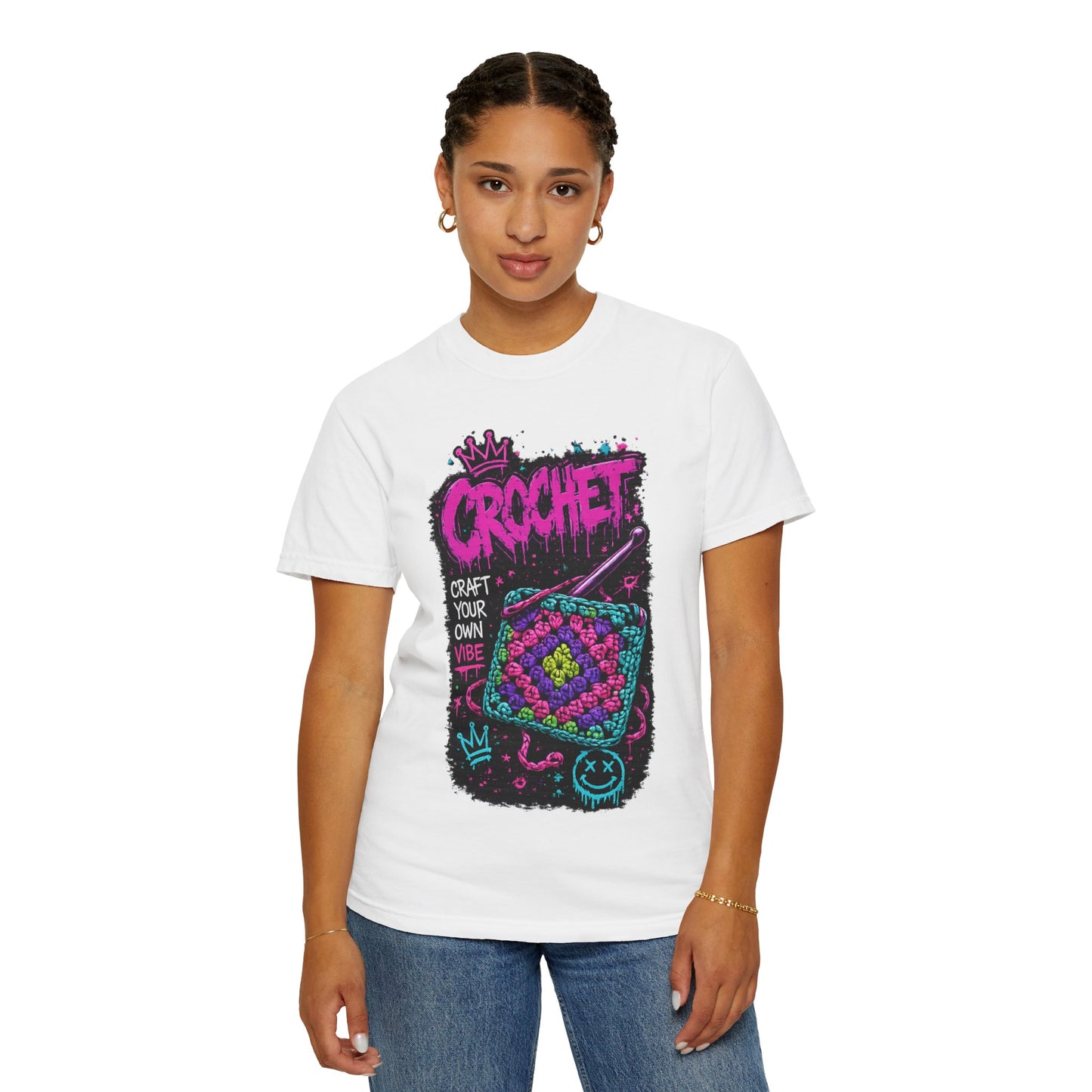 Crochet Vibes Graphic T-Shirt — "Craft Your Own Vibe" Retro Neon Crochet Design