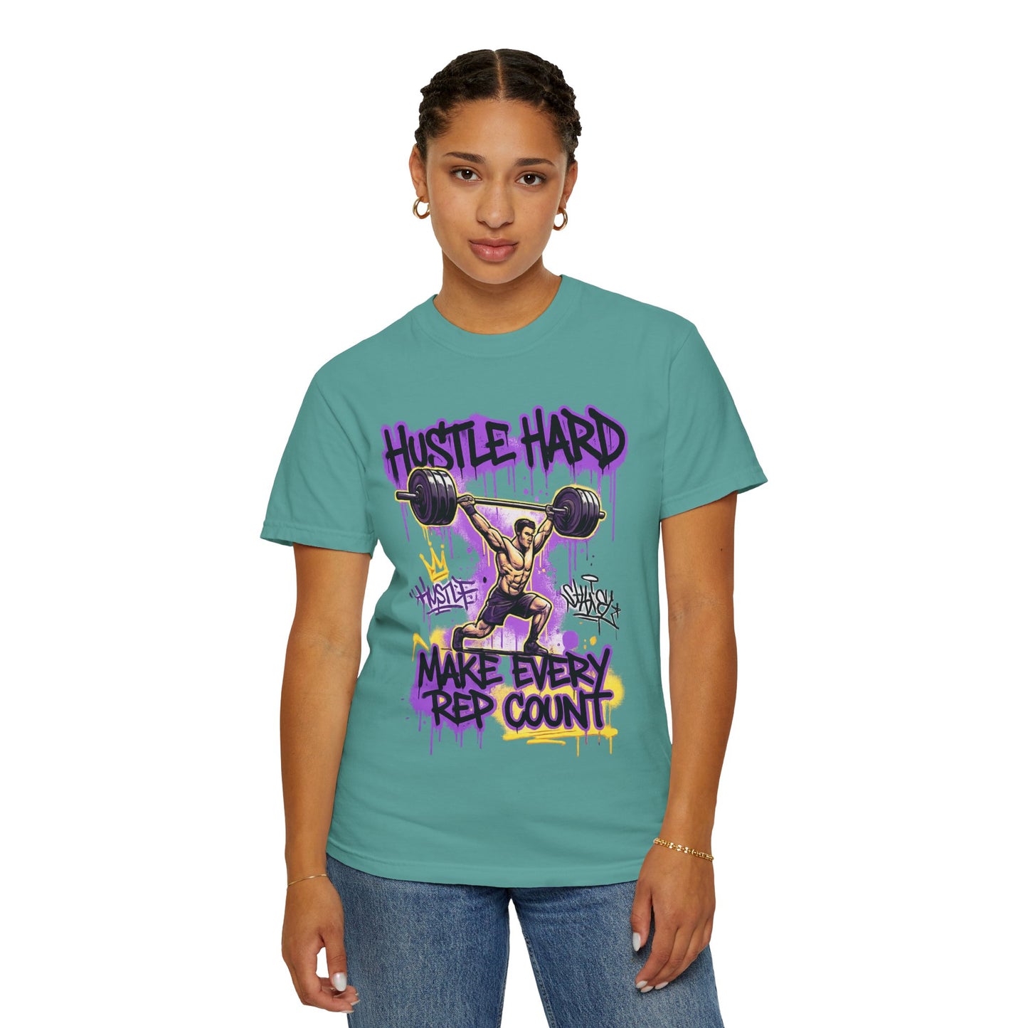 Hustle Hard Make Every Rep Count T-Shirt | Weightlifting Gym Graphic