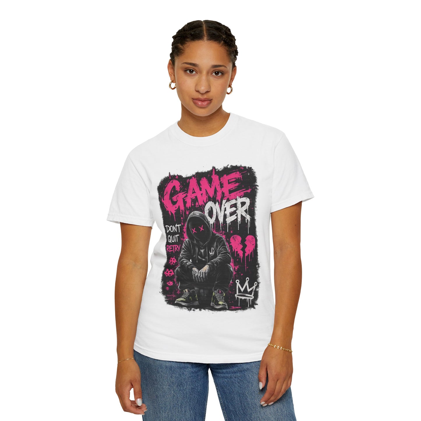 Game Over Graphic T-Shirt — Urban Streetwear Tee with Hooded Figure & 'Don't Quit, Retry' Design