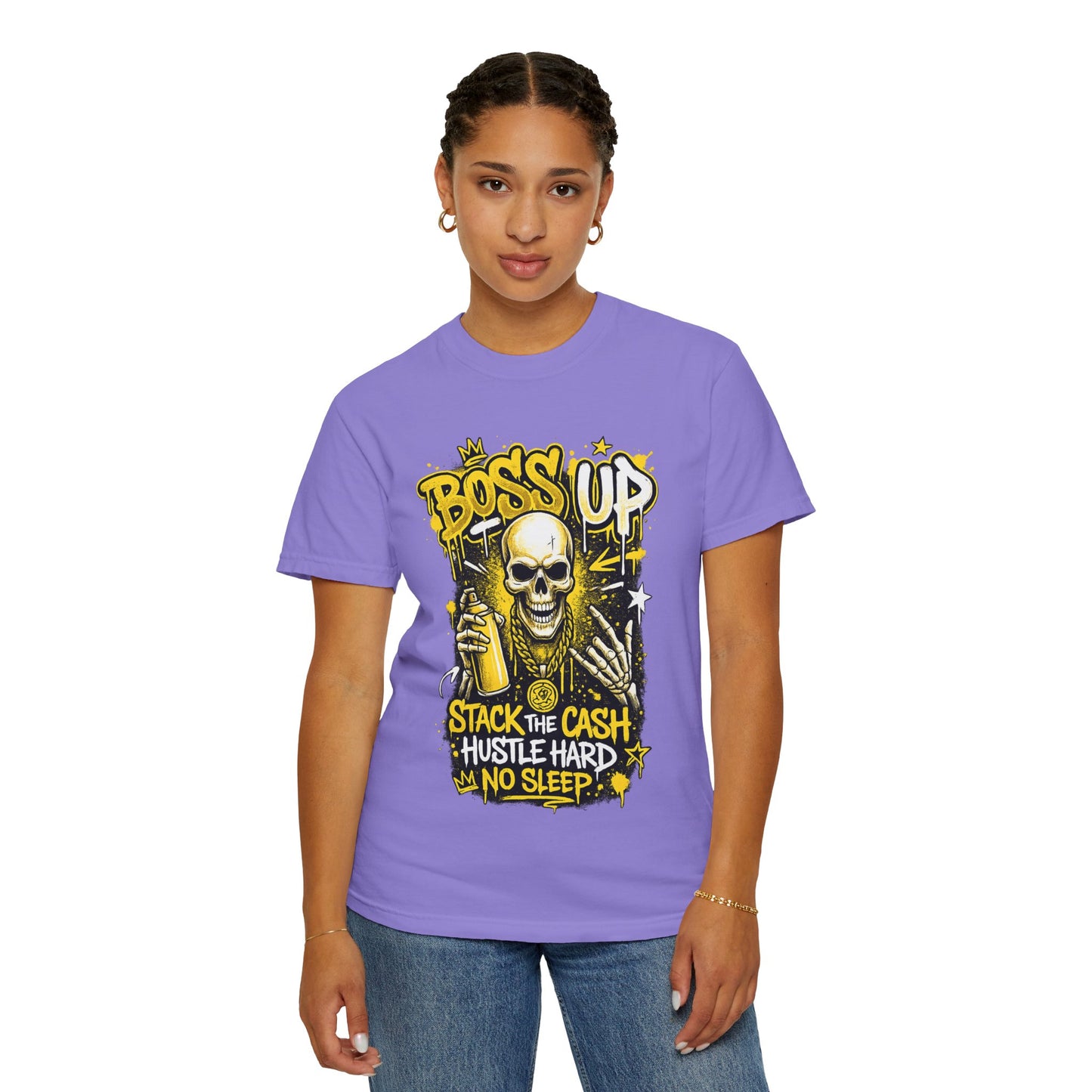 Boss Up Skull Hustle T-Shirt — "Stack the Cash, Hustle Hard, No Sleep" Graphic Tee