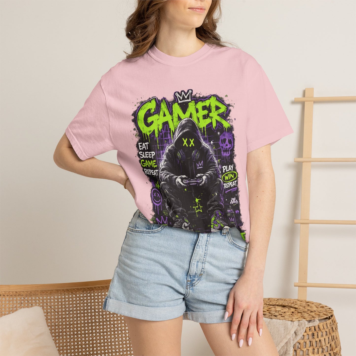 Gamer Hooded Figure Graphic T-Shirt | Neon Green Purple Streetwear