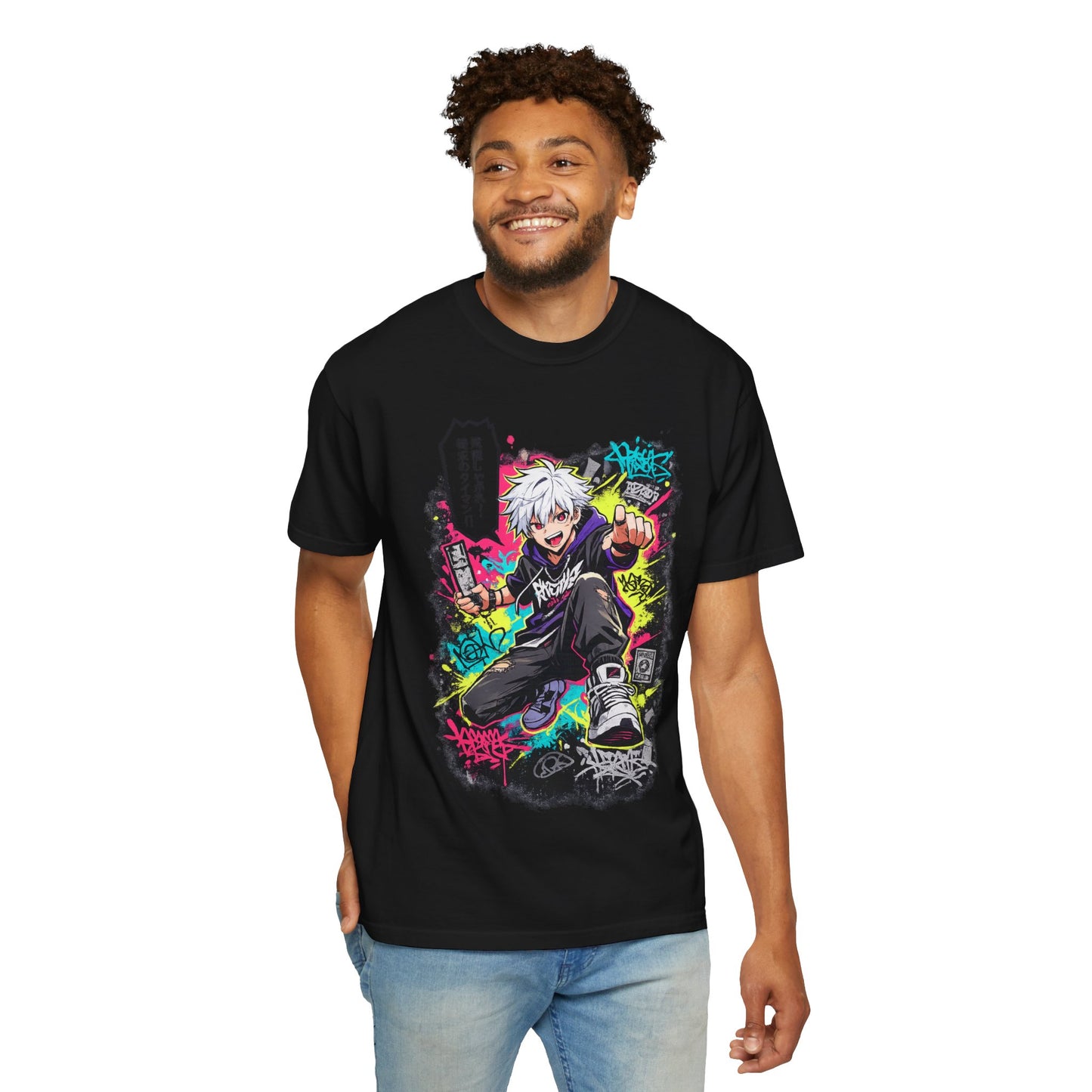 Anime Streetwear T-Shirt — Neon Urban Character Design with Japanese Text