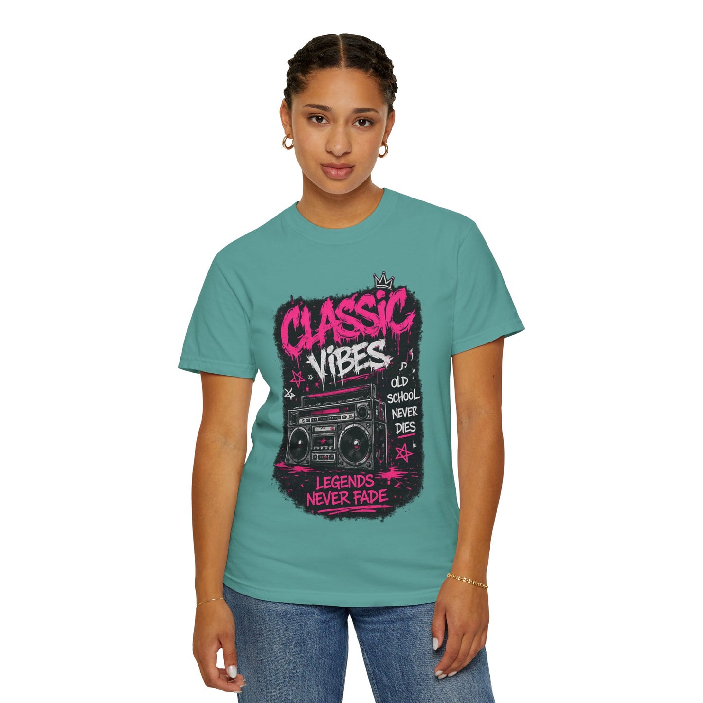 Classic Vibes T-Shirt — 'Legends Never Fade' Retro Boombox Graphic