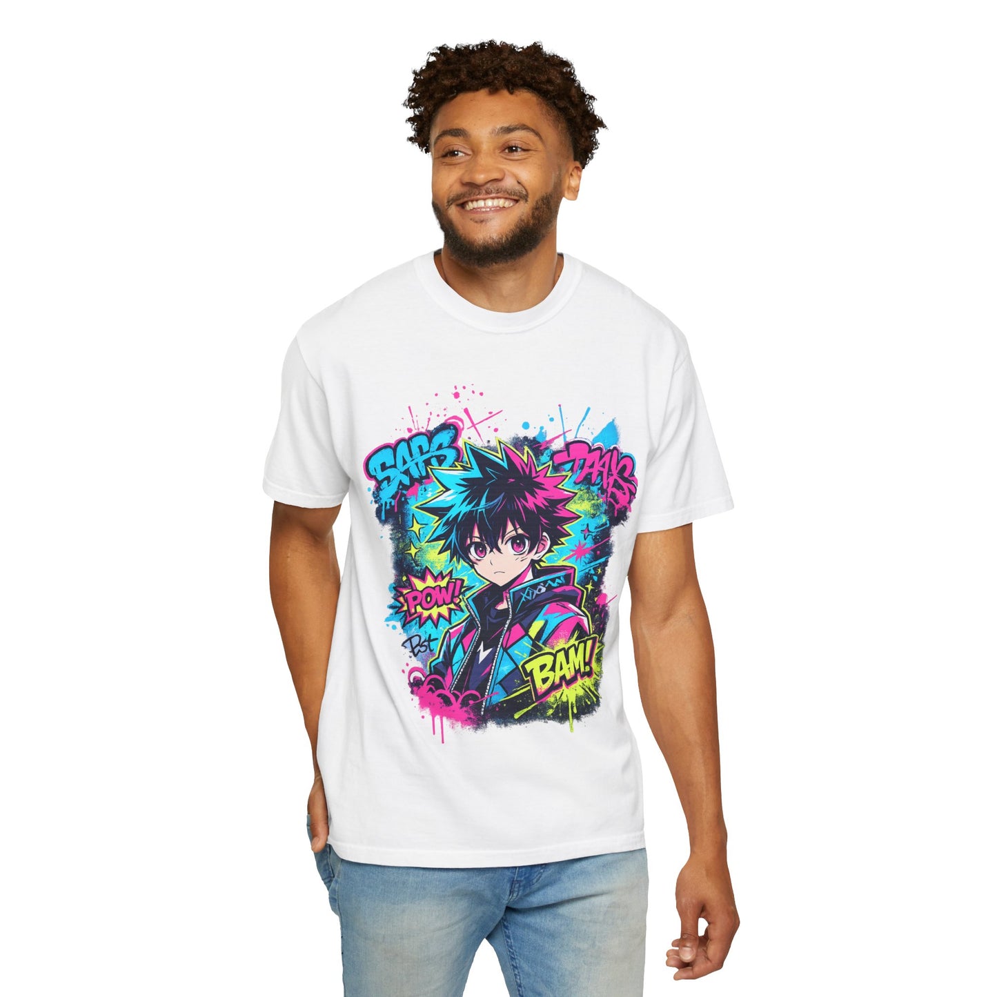 Anime Comic Boy Graphic T-Shirt — Neon Manga "BAM!" Design