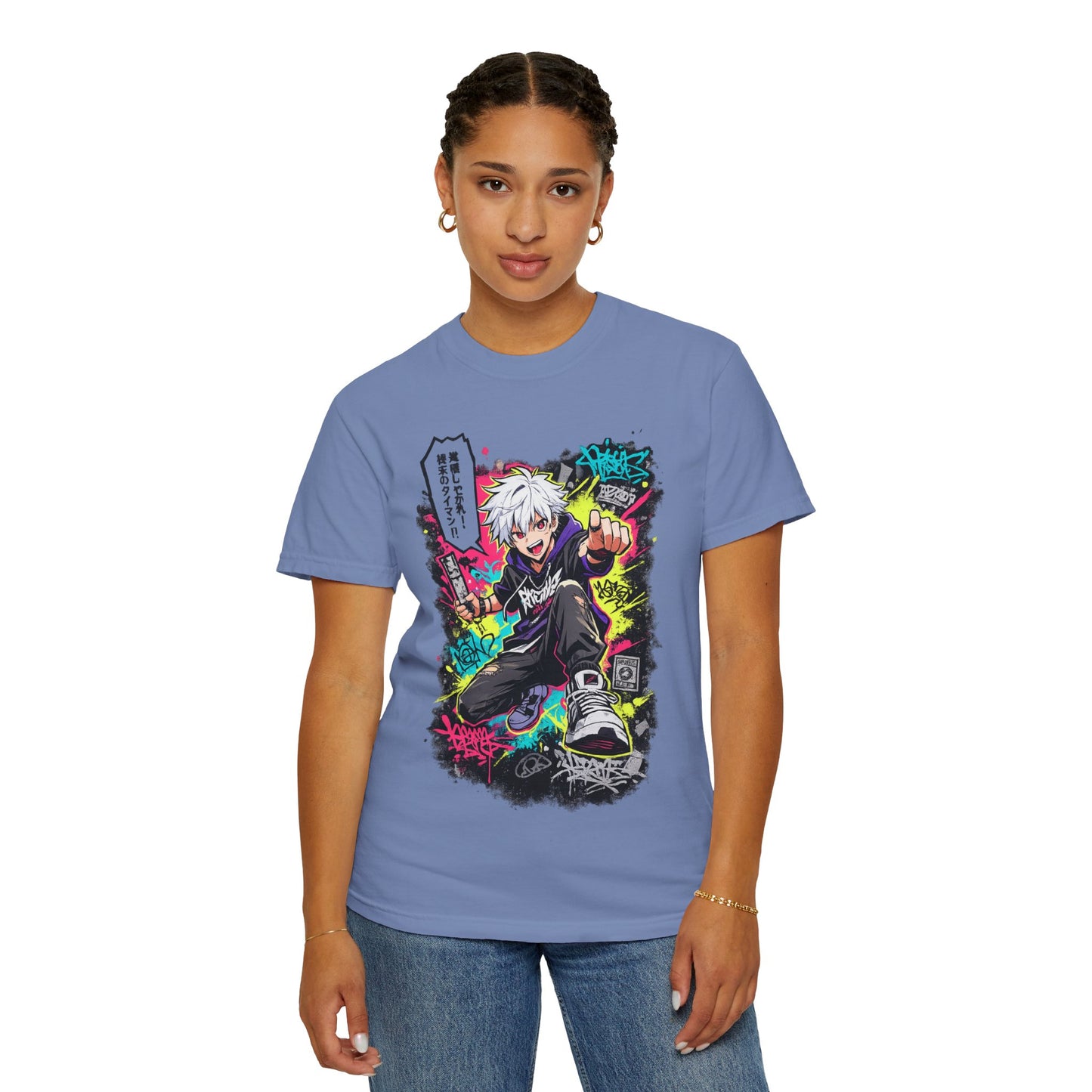 Anime Streetwear T-Shirt — Neon Urban Character Design with Japanese Text