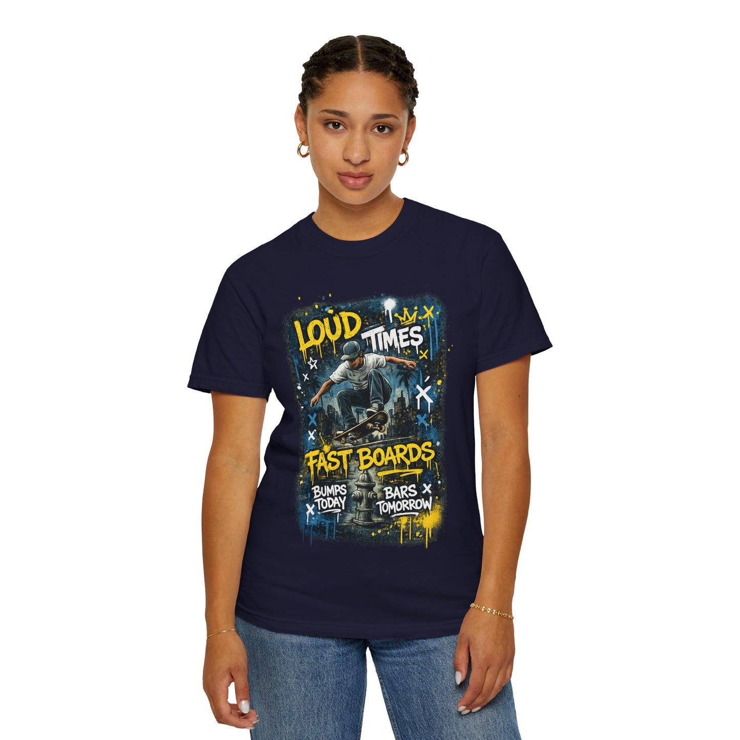 Skateboard Graphic T-Shirt — "Loud Times, Fast Boards" Vintage Skate Tee