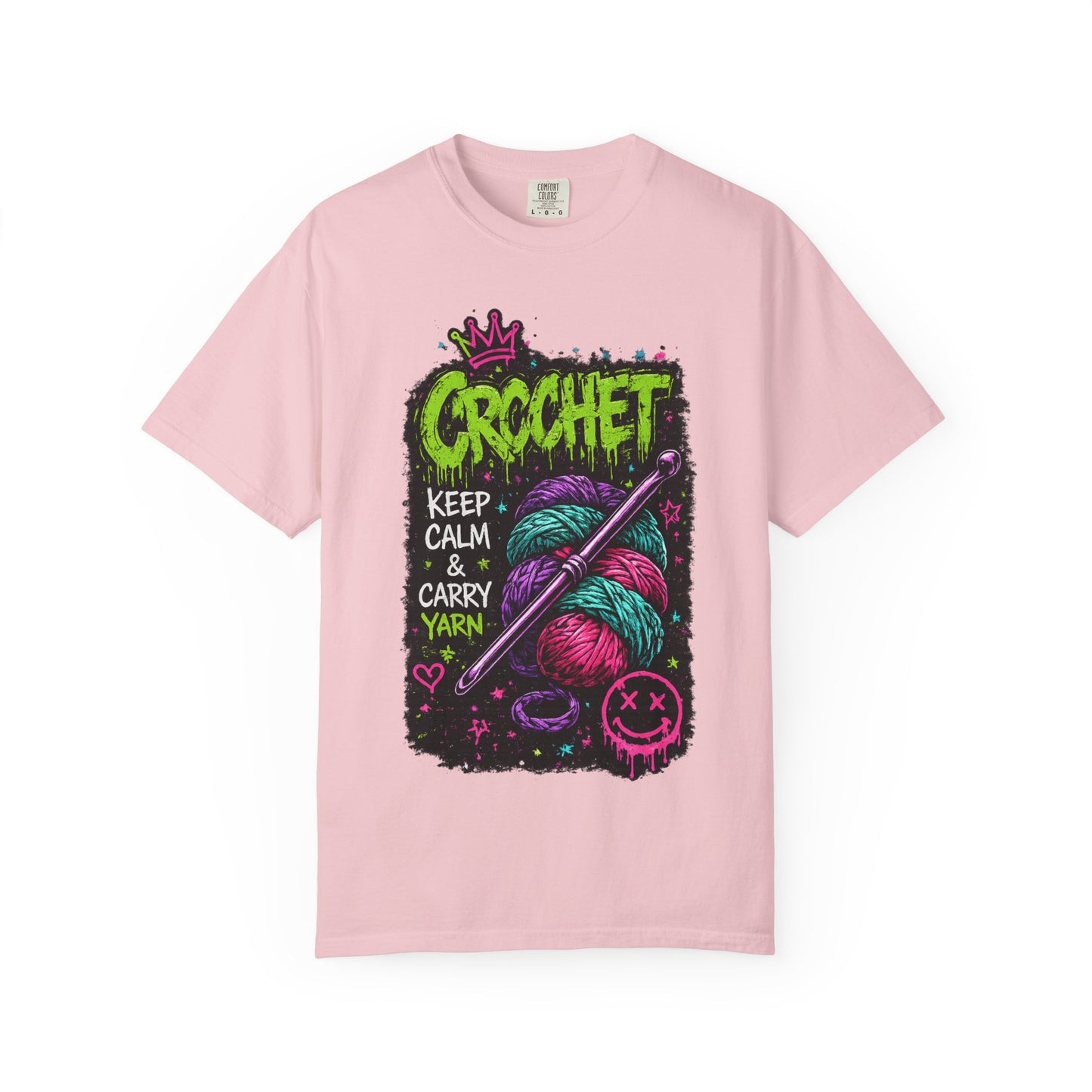 Crochet Keep Calm T-Shirt — Neon Yarn Graphic Tee for Crafters