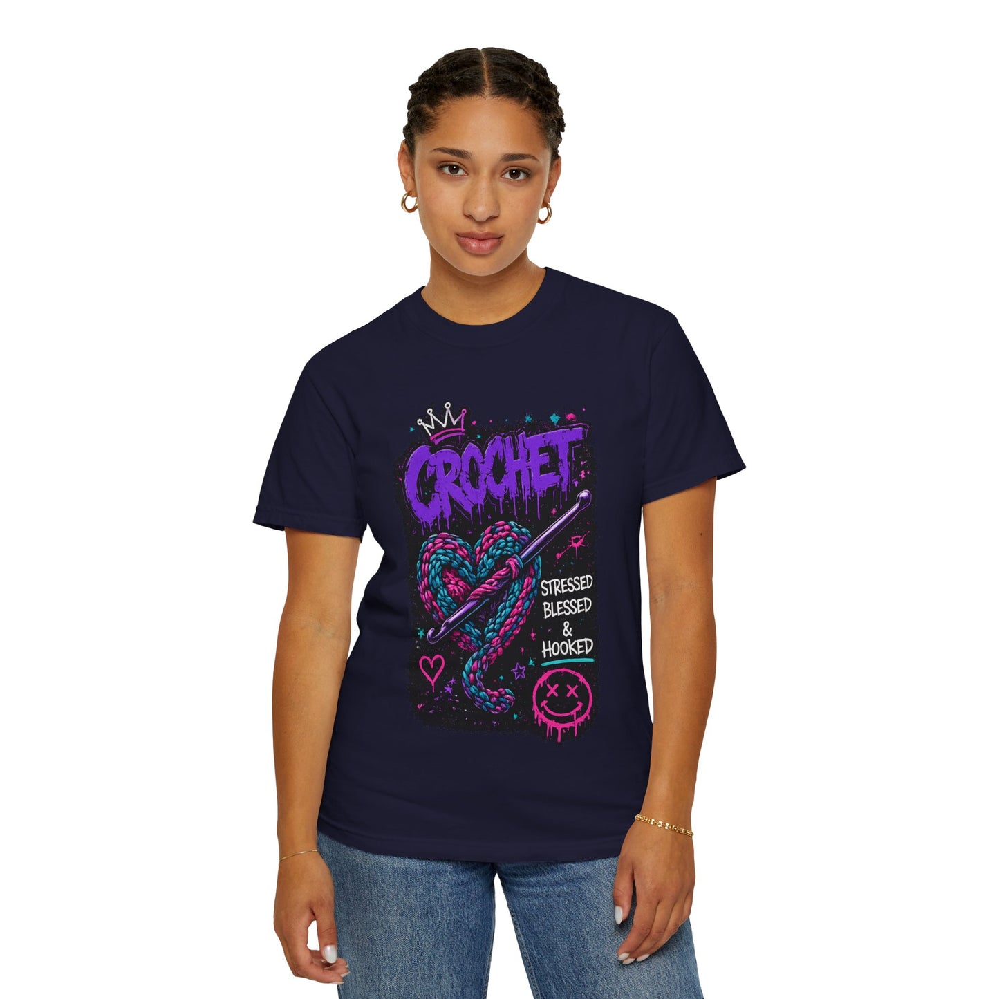 Crochet Graphic T-Shirt — "Stressed Blessed & Hooked" Retro Heart Design