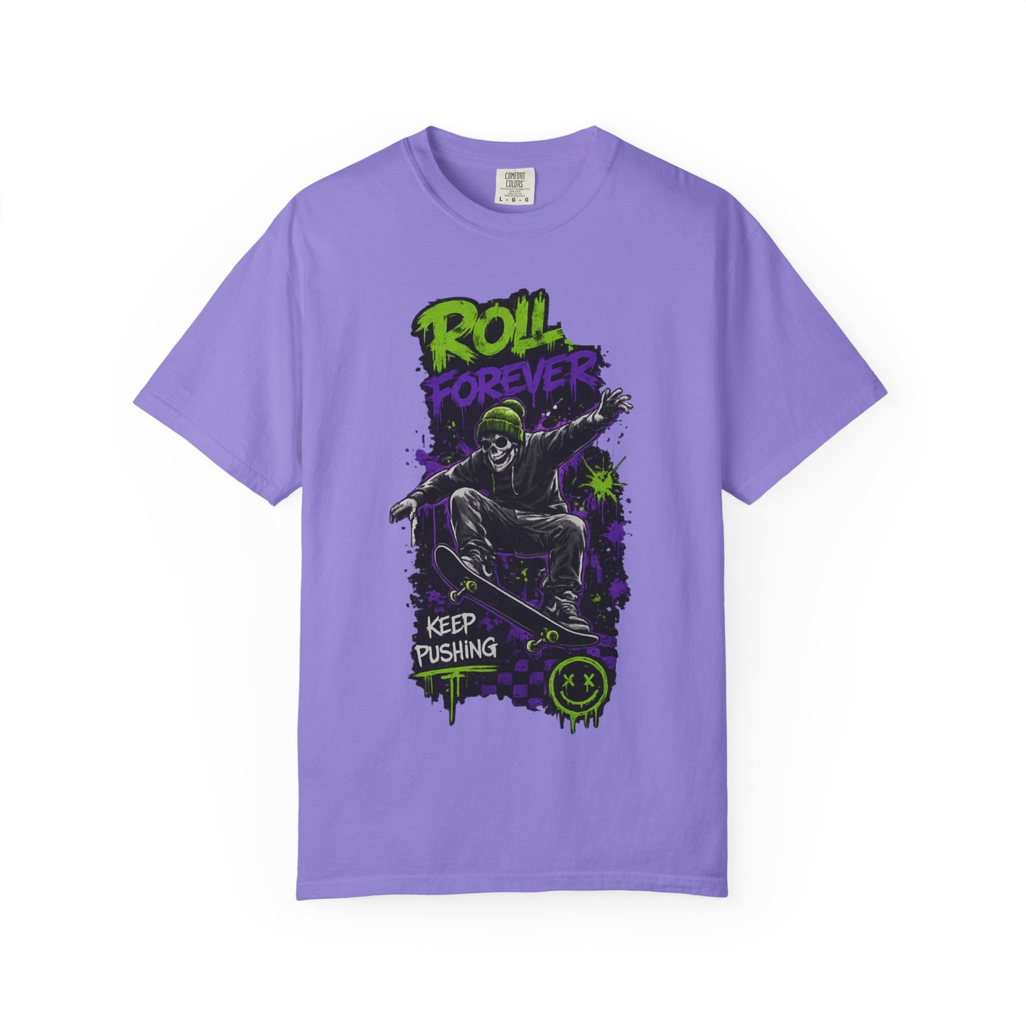 Skateboard T-Shirt — "Roll Forever / Keep Pushing" Graphic Tee
