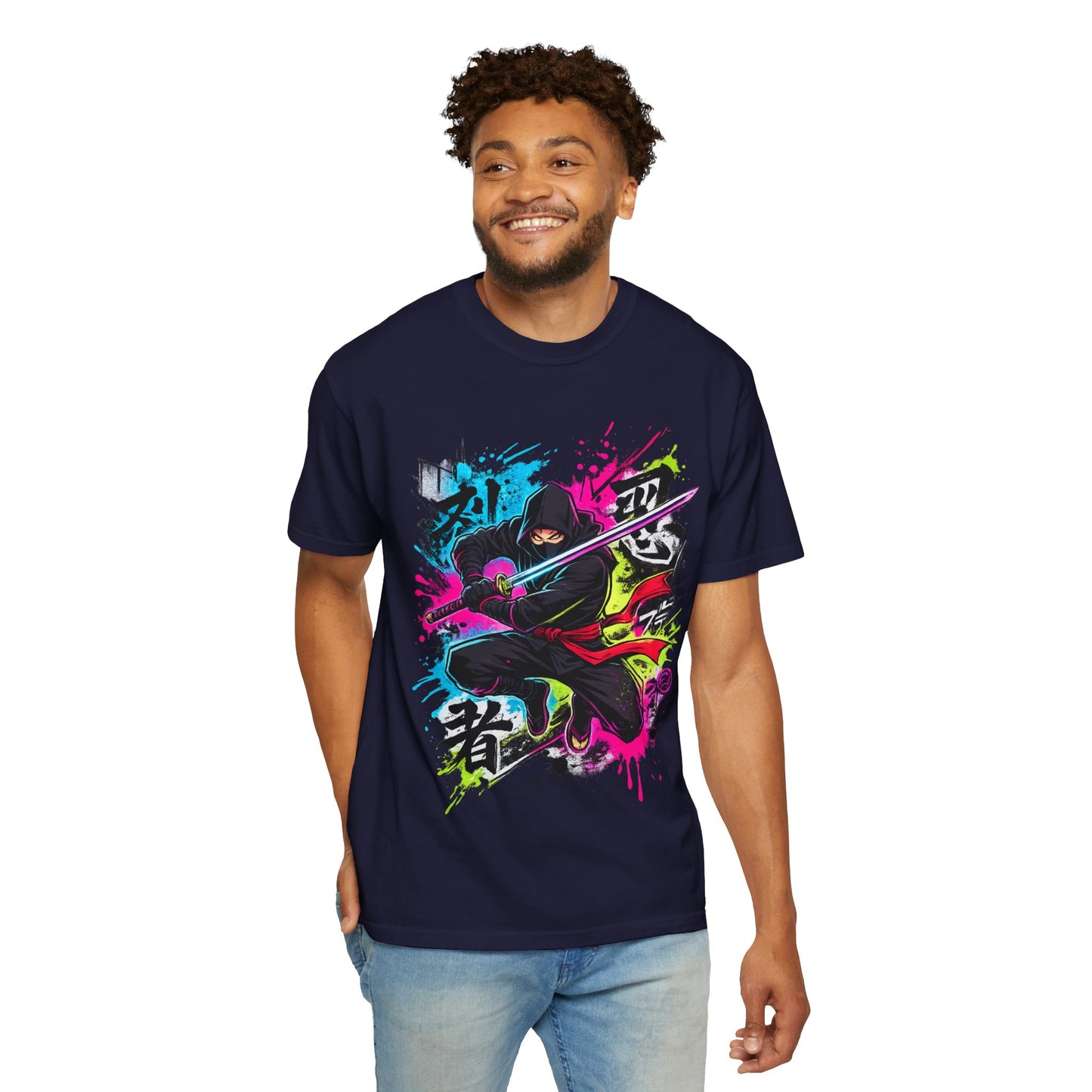 Neon Ninja Samurai T-Shirt — Vibrant Graffiti Sword Art