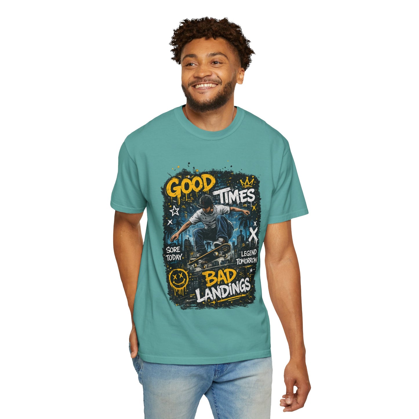 Skateboard T-Shirt — "Good Times, Bad Landings" Graphic Tee