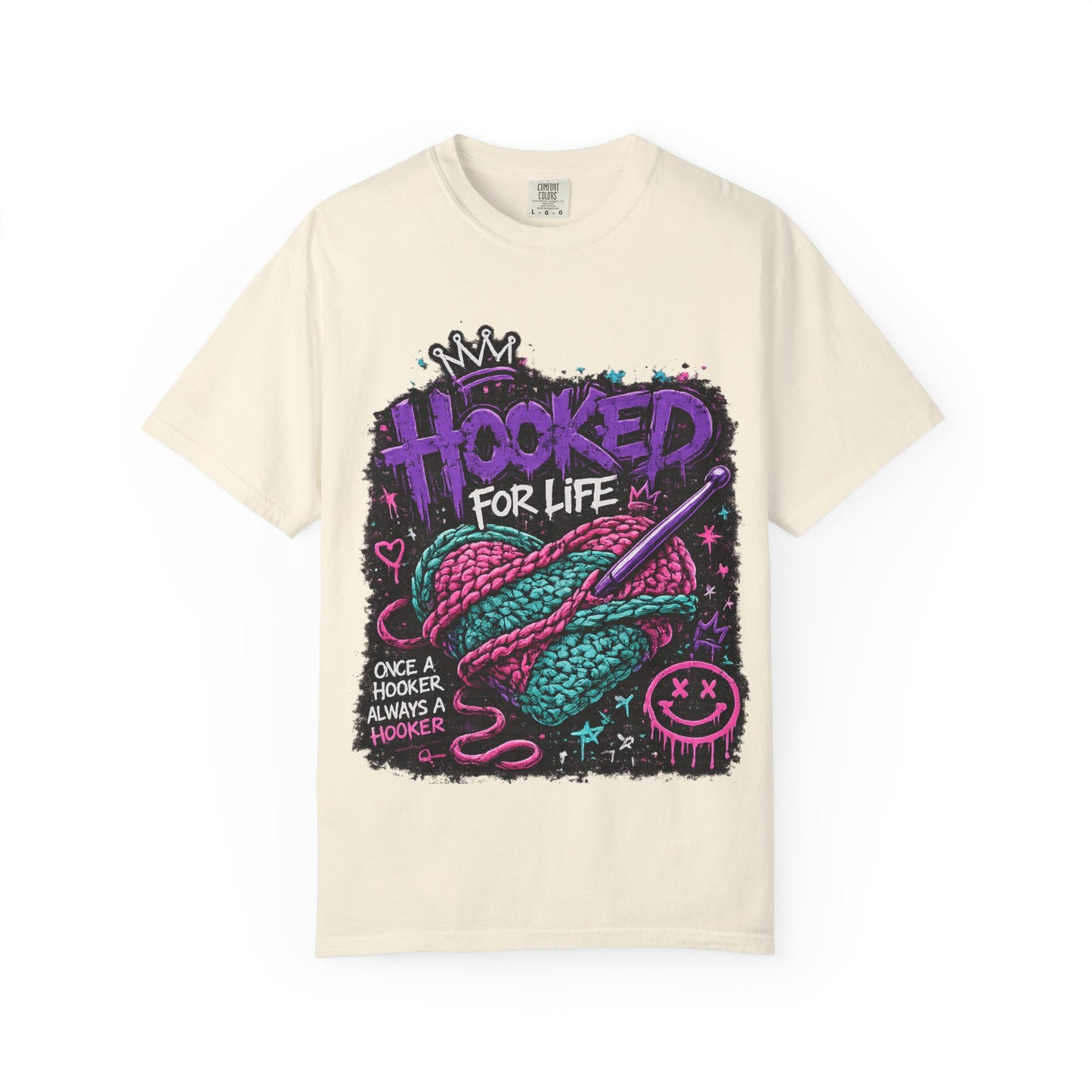 Hooked For Life Knitting T-Shirt — "Hooked for Life" Yarn & Crochet Graphic Tee