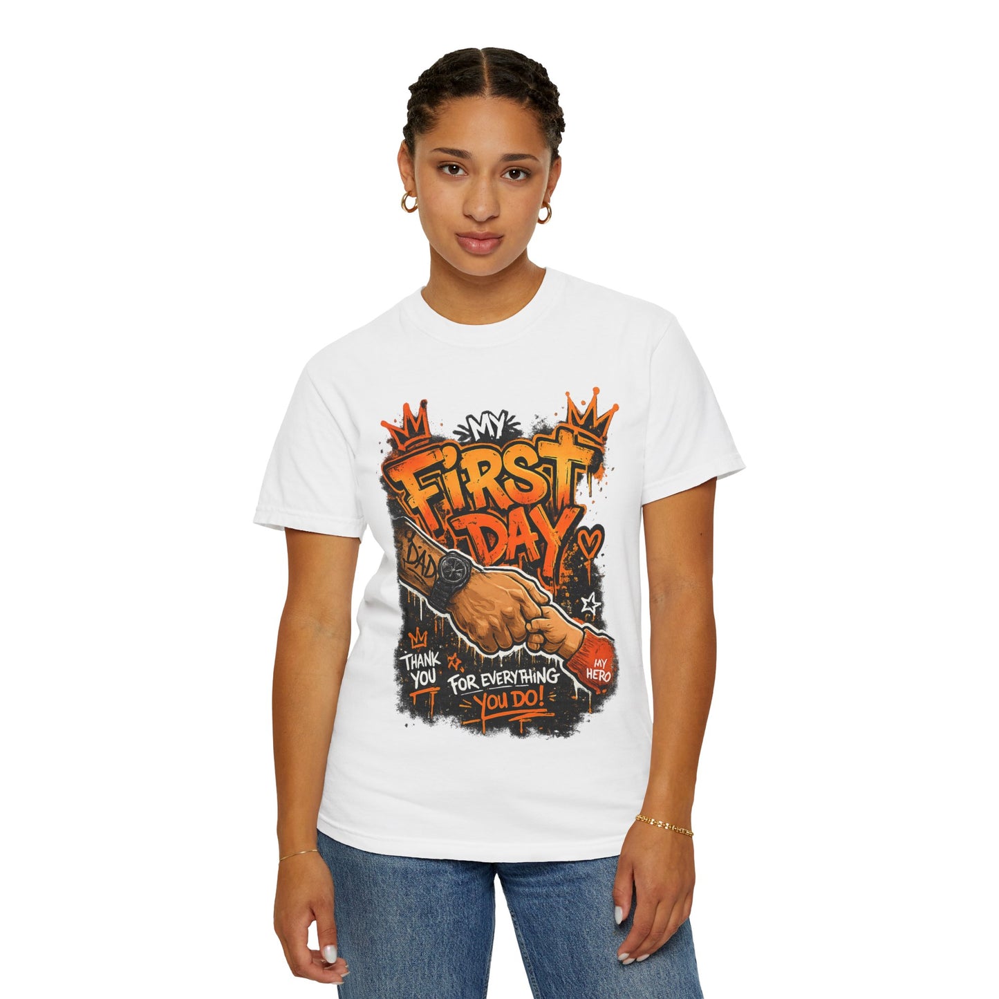 My First Day graphic T-shirt | Thank You Dad, hand shake illustration