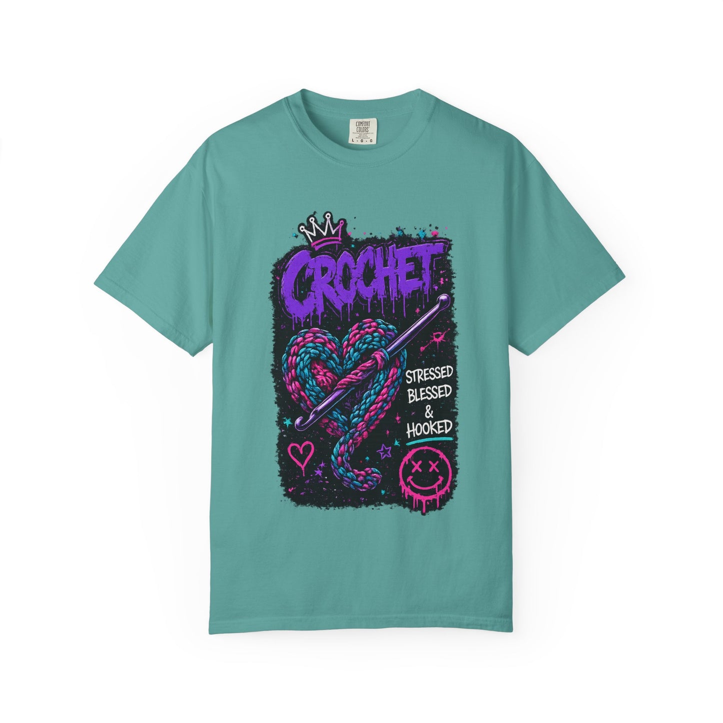 Crochet Graphic T-Shirt — "Stressed Blessed & Hooked" Retro Heart Design