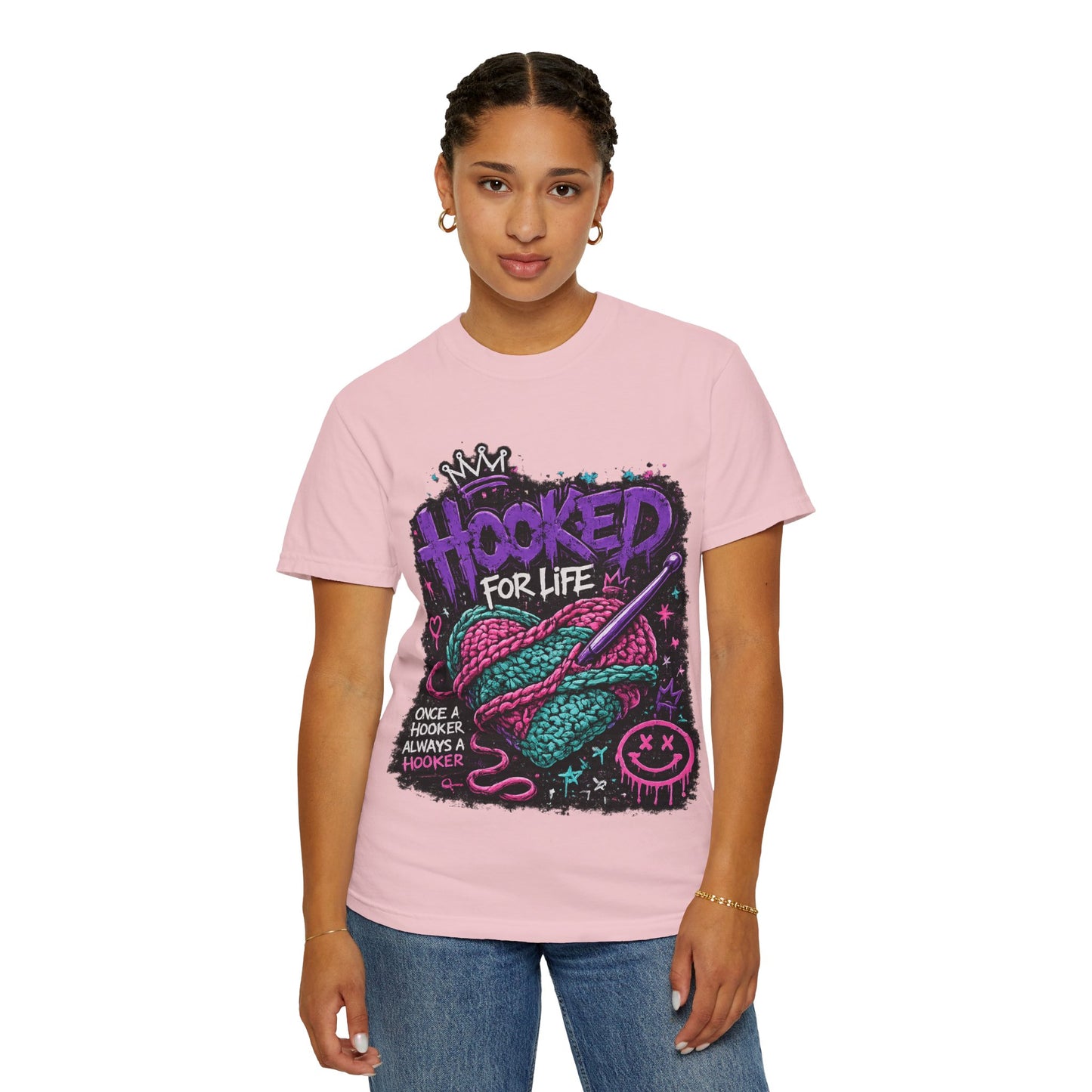 Hooked For Life Knitting T-Shirt — "Hooked for Life" Yarn & Crochet Graphic Tee