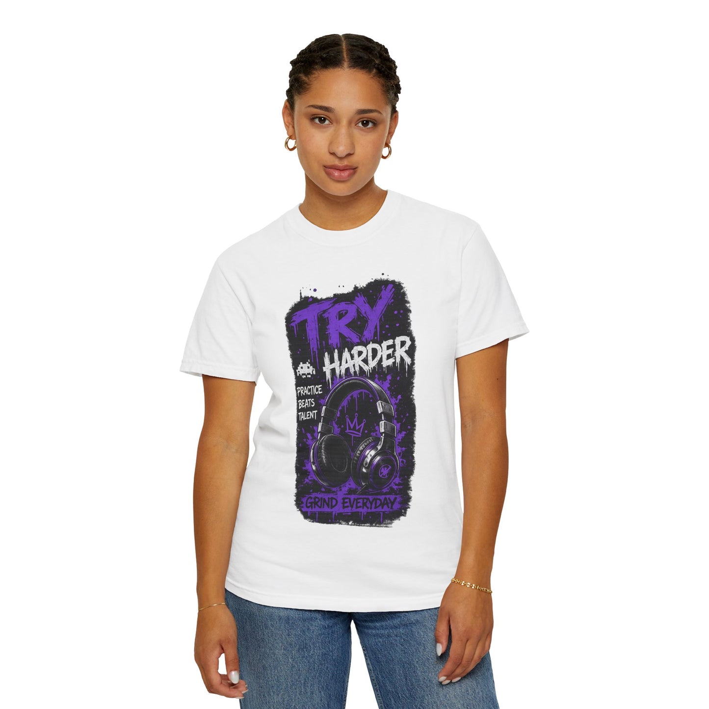 Try Harder Graphic T-Shirt — 'Try Harder' Headphones Motivational Tee