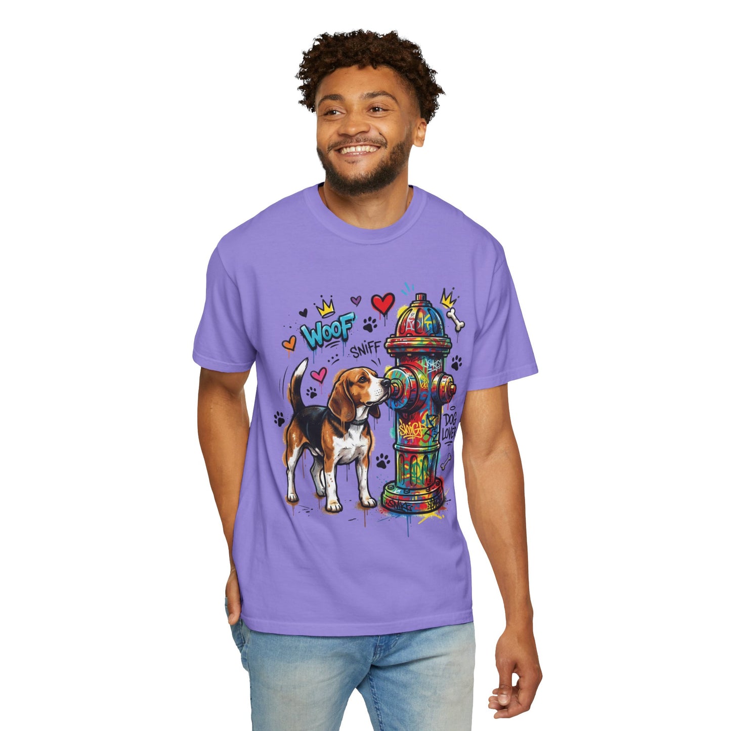 Beagle Dog Lover T-Shirt — Colorful Hydrant & 'Woof Sniff' Graphic