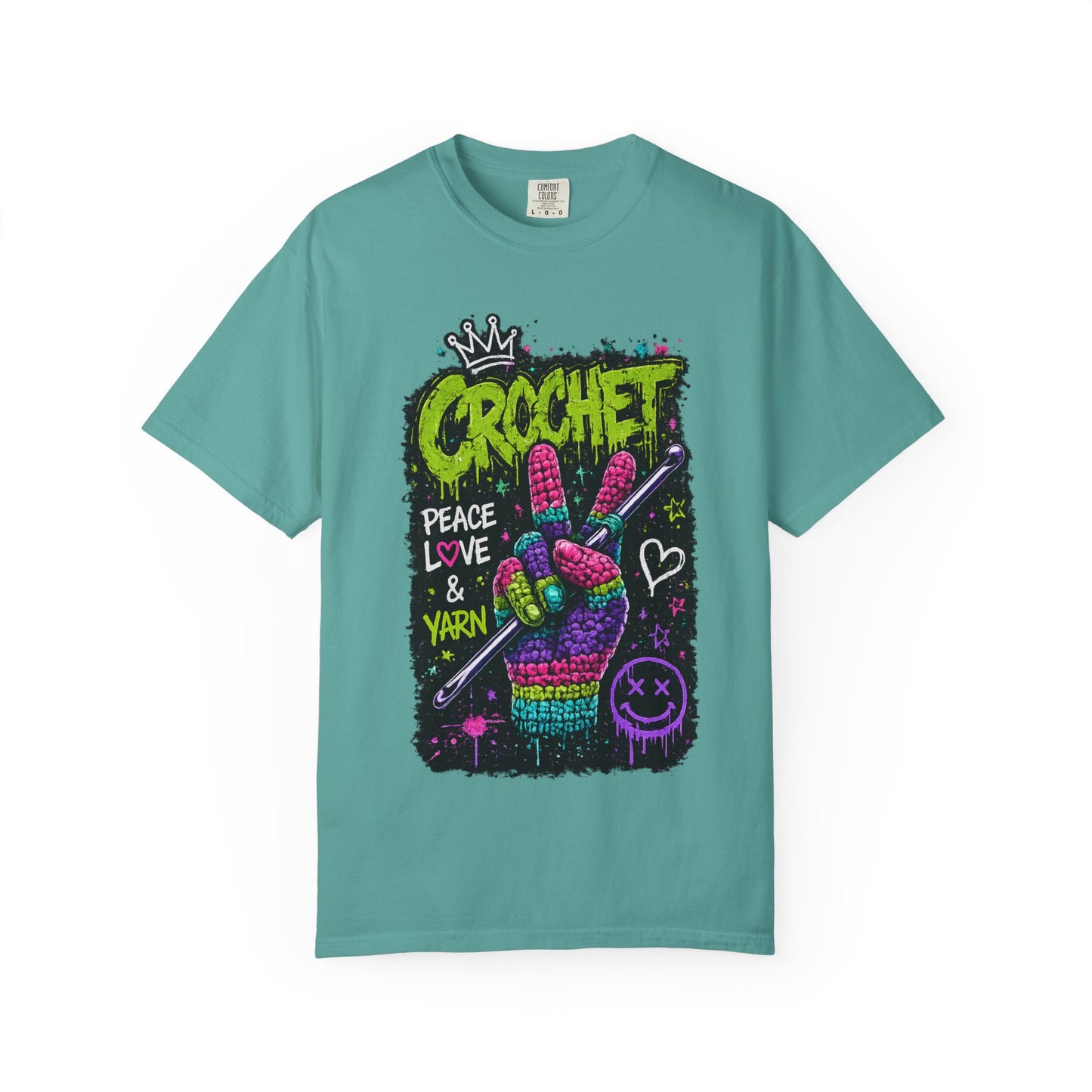 Crochet Peace Sign T-Shirt — "Crochet: Peace, Love & Yarn" Graphic Tee