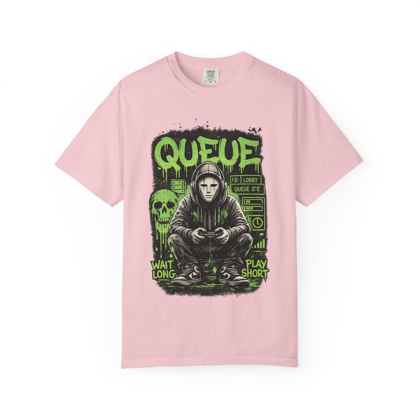 Queue Gamer Hoodie T-Shirt | Waiting Player Graphic Tee, Neon Green Skull Art