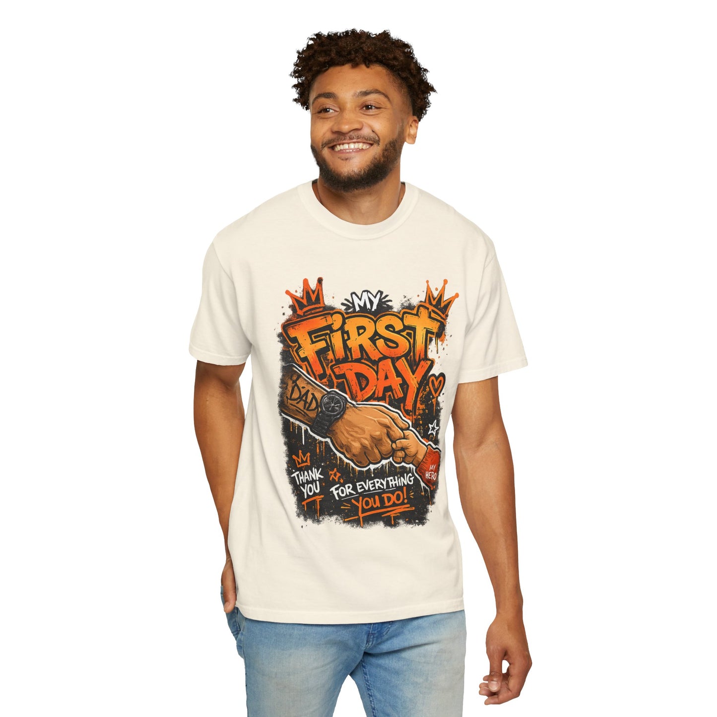 My First Day graphic T-shirt | Thank You Dad, hand shake illustration