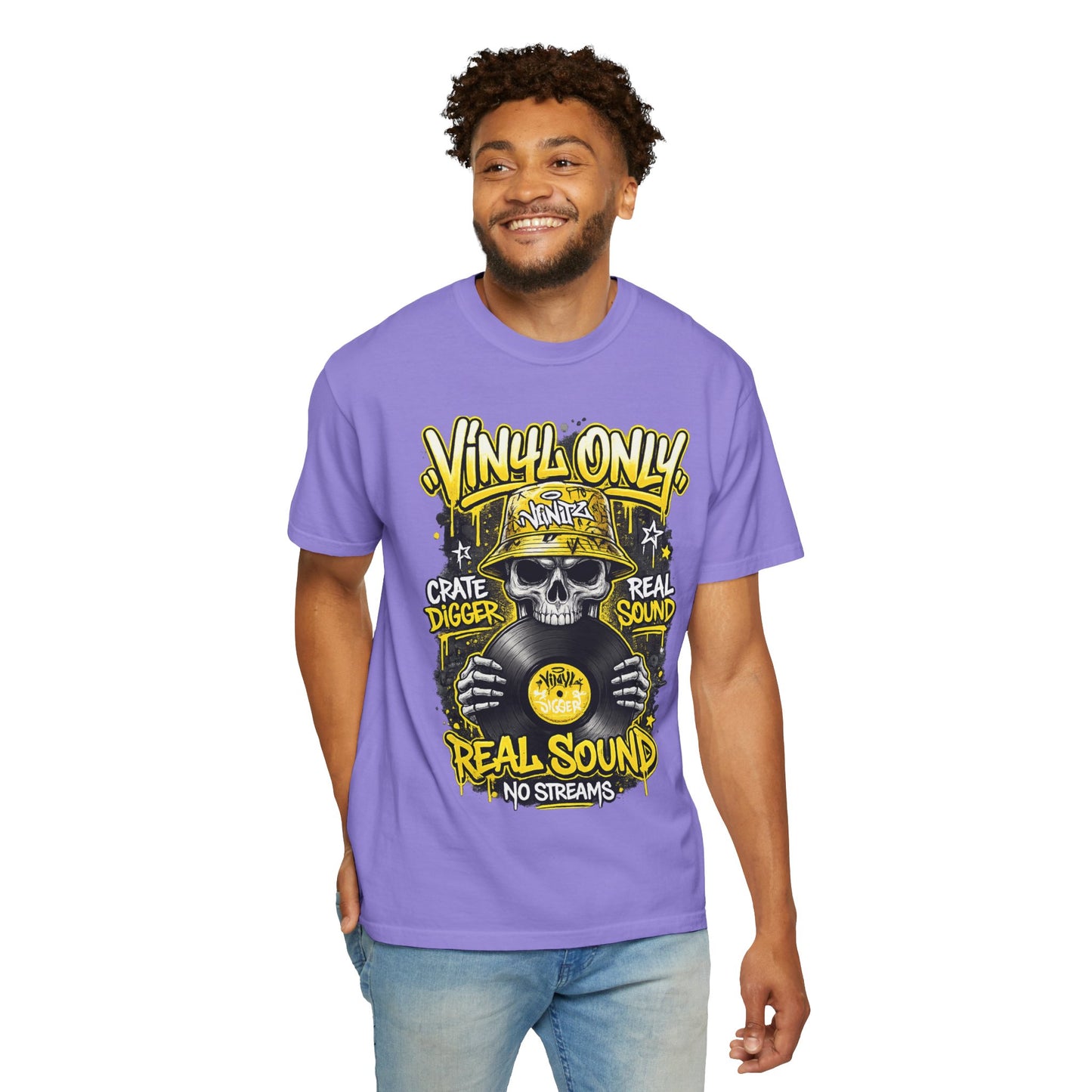 Vinyl Only Skull T-Shirt – "Real Sound, No Streams" Retro DJ Tee