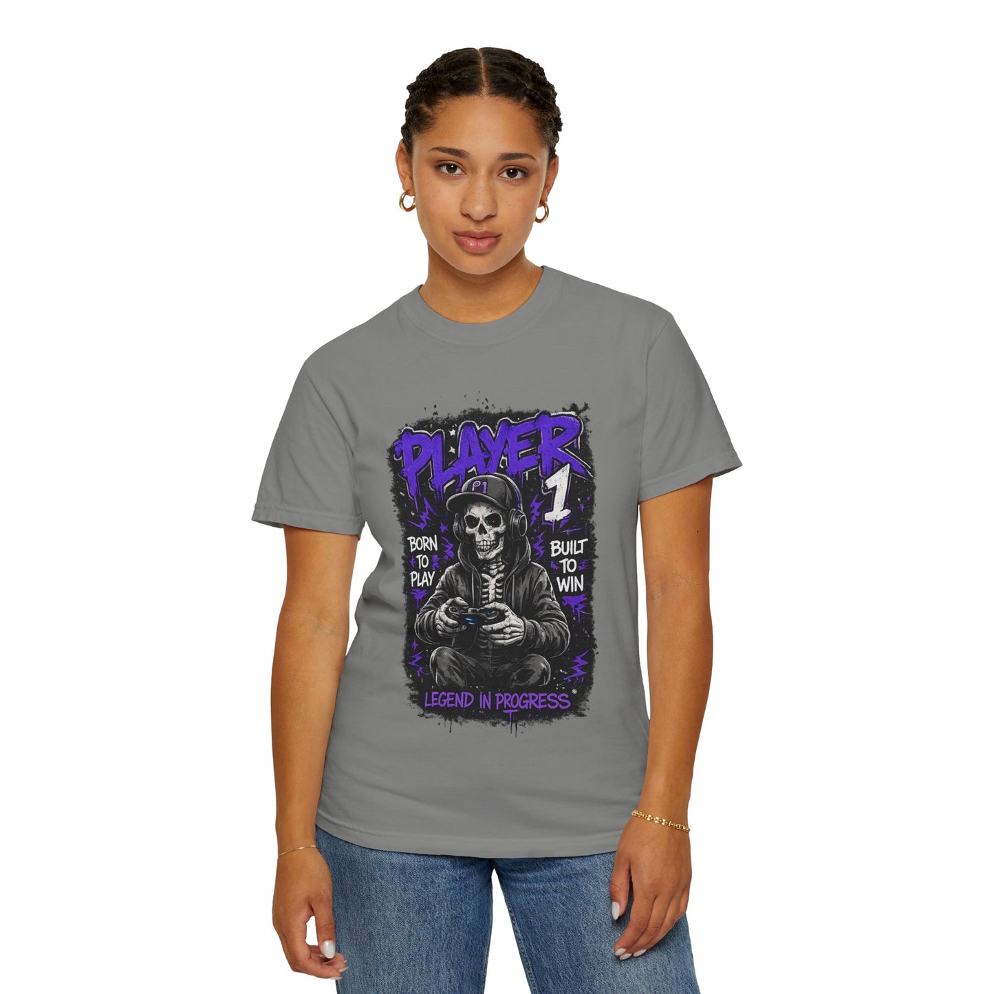 Grim Reaper Gamer Player 1 T-Shirt | Skull Skeleton Video Game Graphic