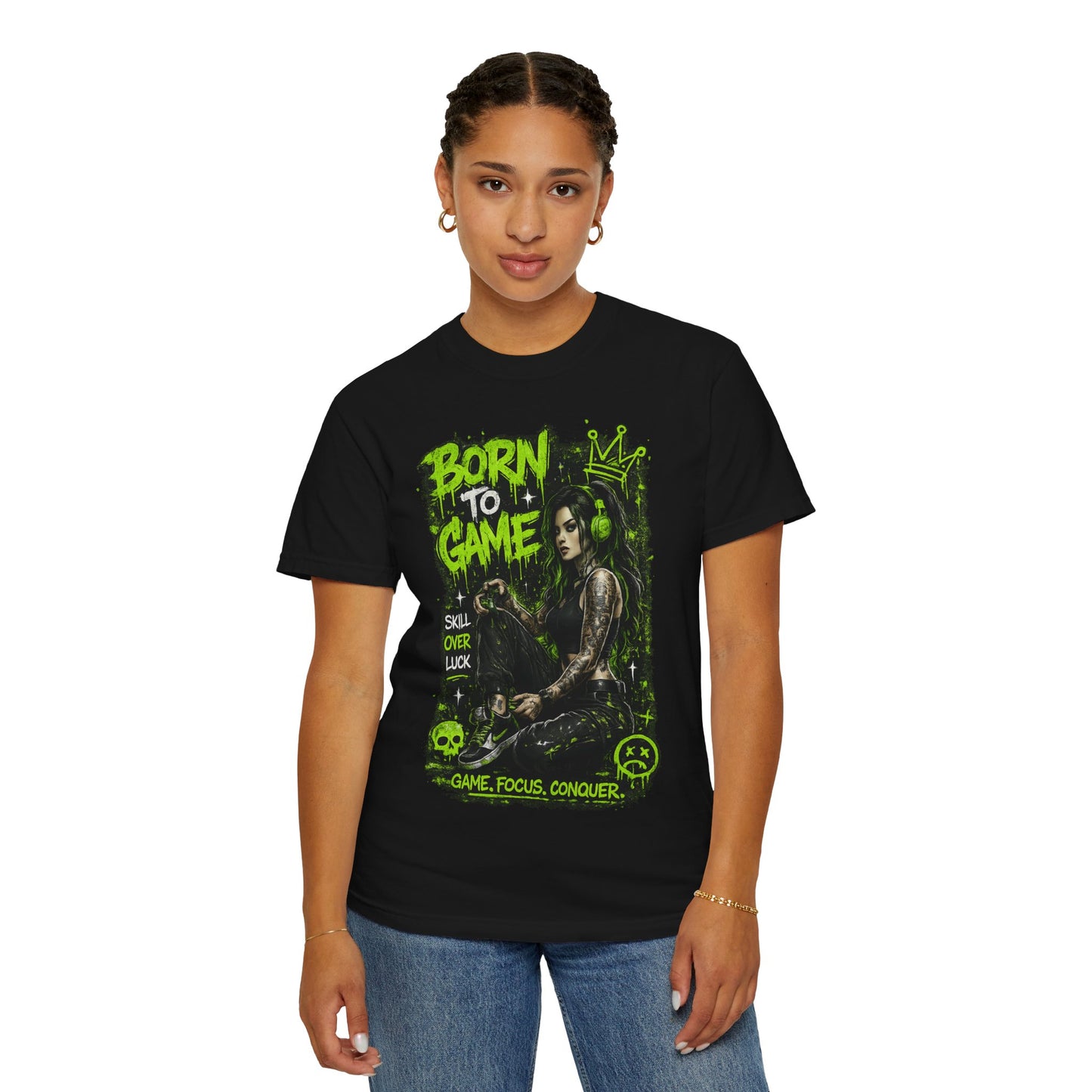 Born to Game Graphic T-Shirt — Gamer Skull & Neon Green Design