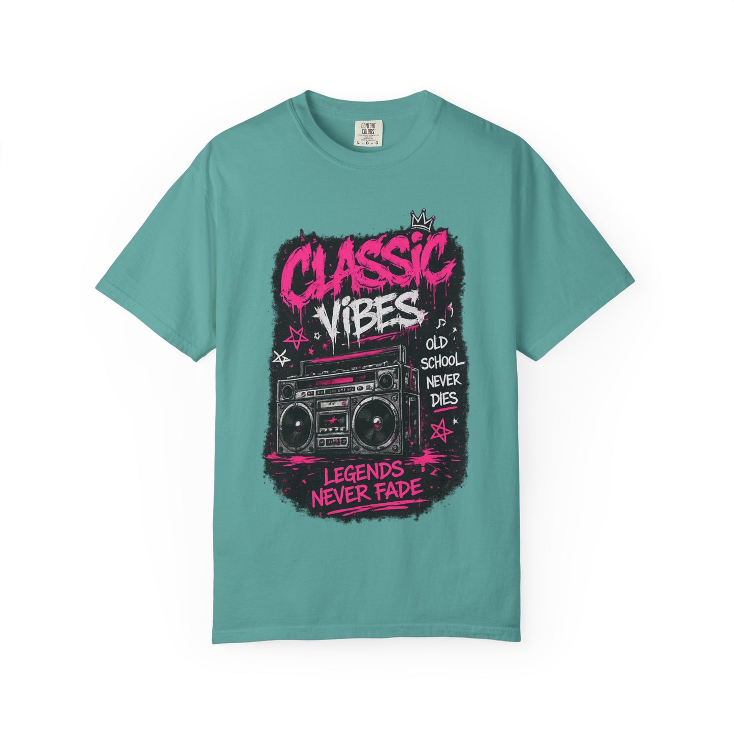 Classic Vibes T-Shirt — 'Legends Never Fade' Retro Boombox Graphic