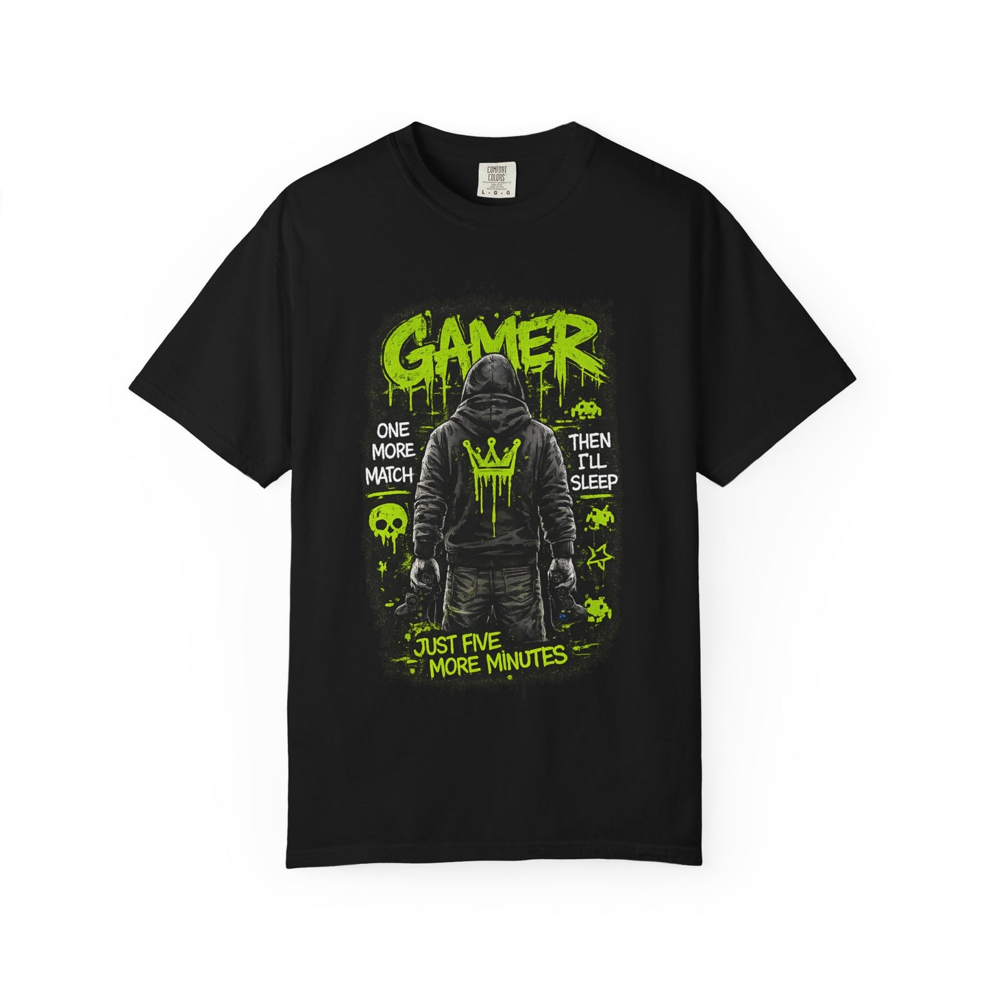 Gamer Hoodie-Style Graphic T-Shirt | Neon Green Skull, 'Just Five More Minutes'