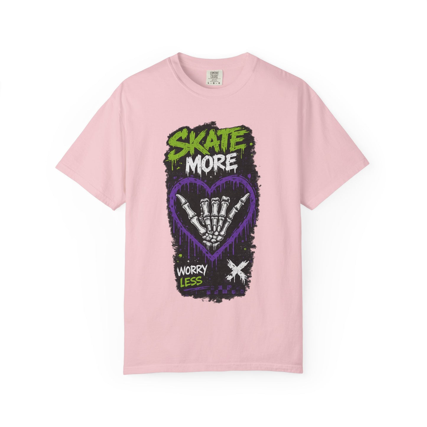 Skate More Worry Less T-Shirt — Skateboard Skeleton Hand Graphic Tee