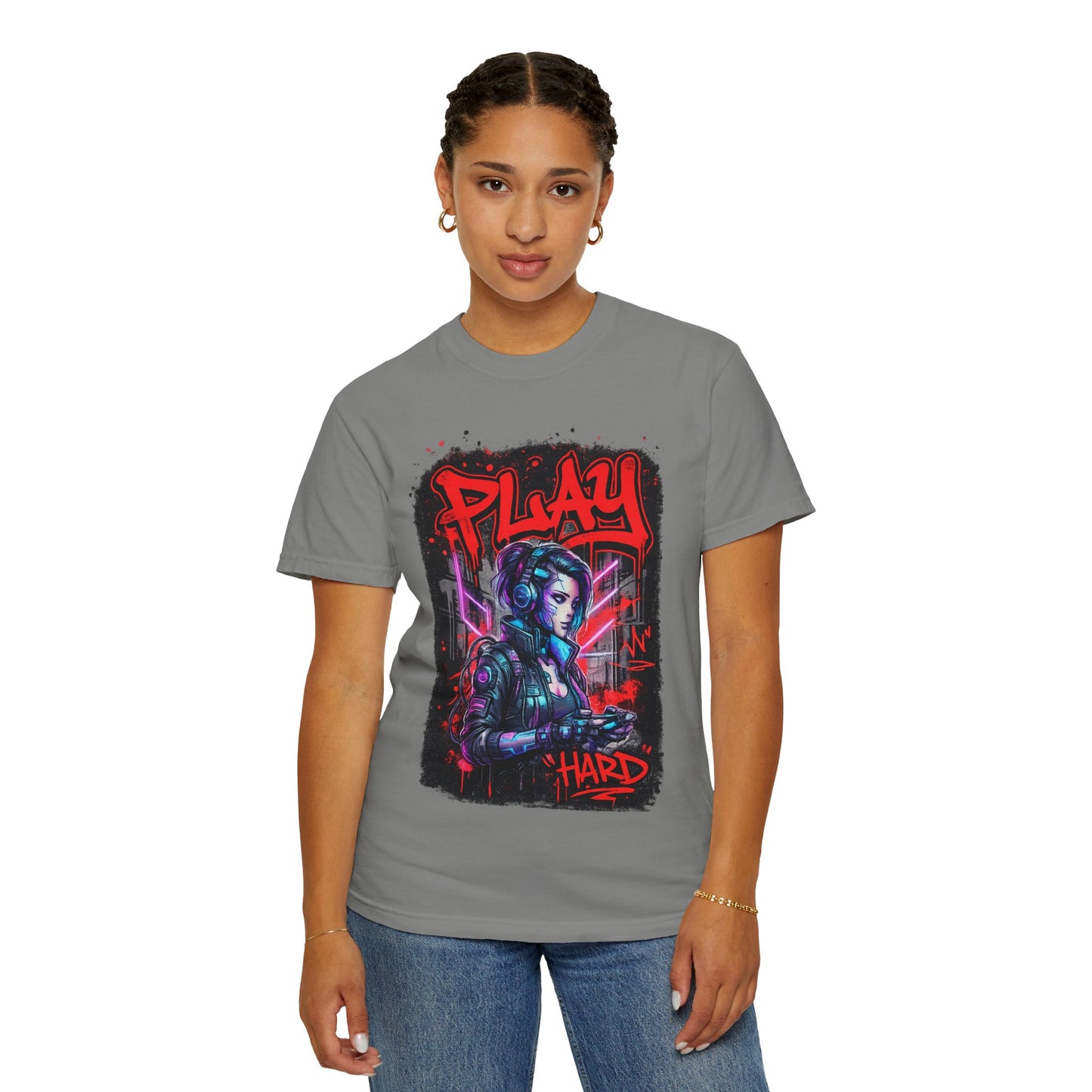 Play Hard Gamer T-Shirt — Neon Cyberpunk Video Game Tee