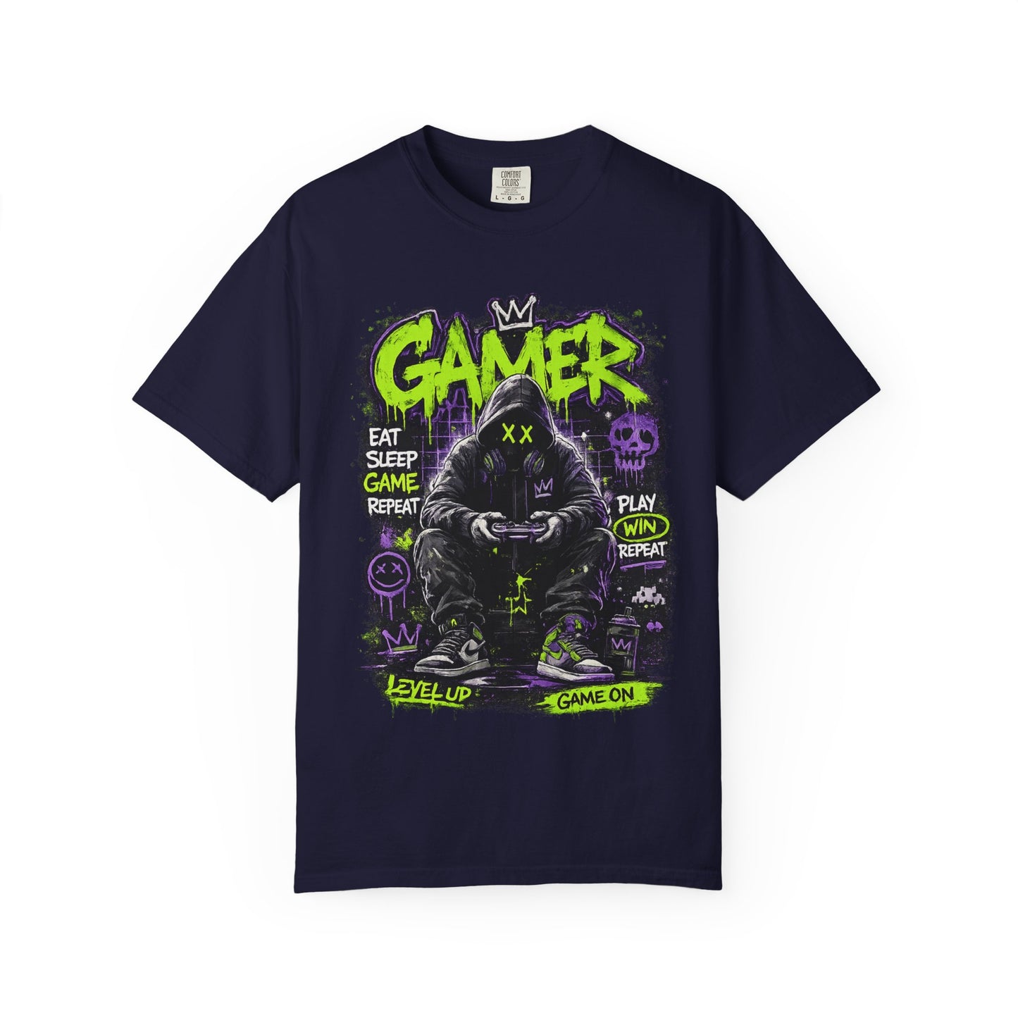 Gamer Hooded Figure Graphic T-Shirt | Neon Green Purple Streetwear