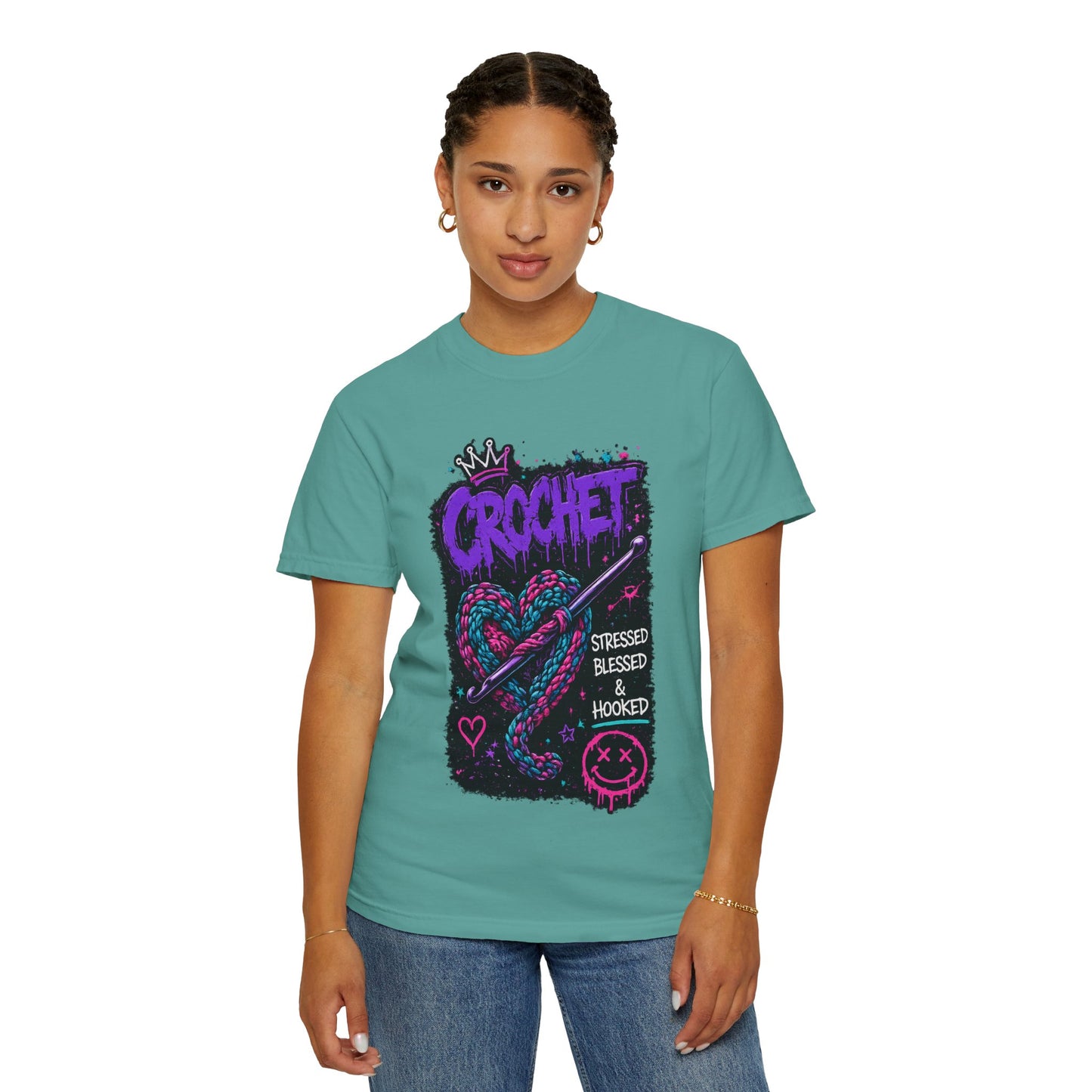 Crochet Graphic T-Shirt — "Stressed Blessed & Hooked" Retro Heart Design