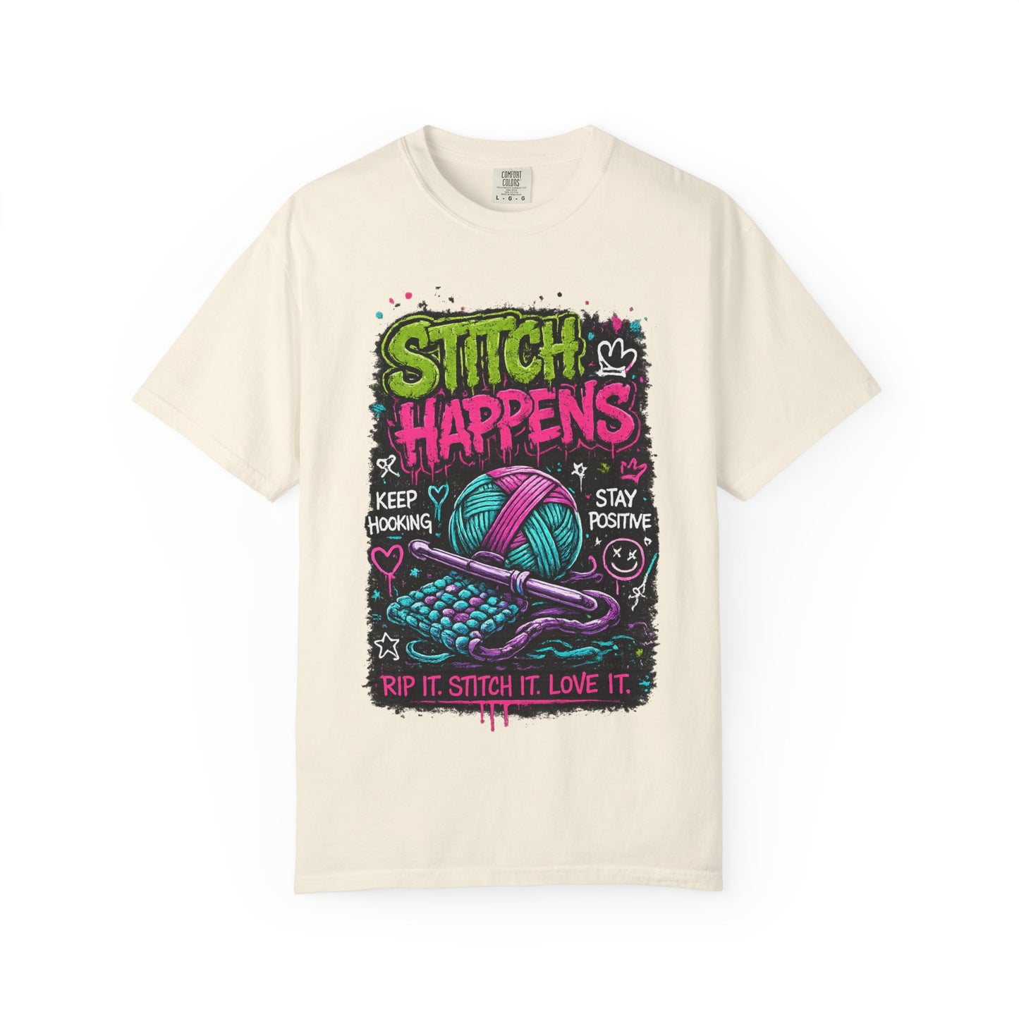 Stitch Happens T-Shirt — Funny Knitting & Crochet Graphic Tee