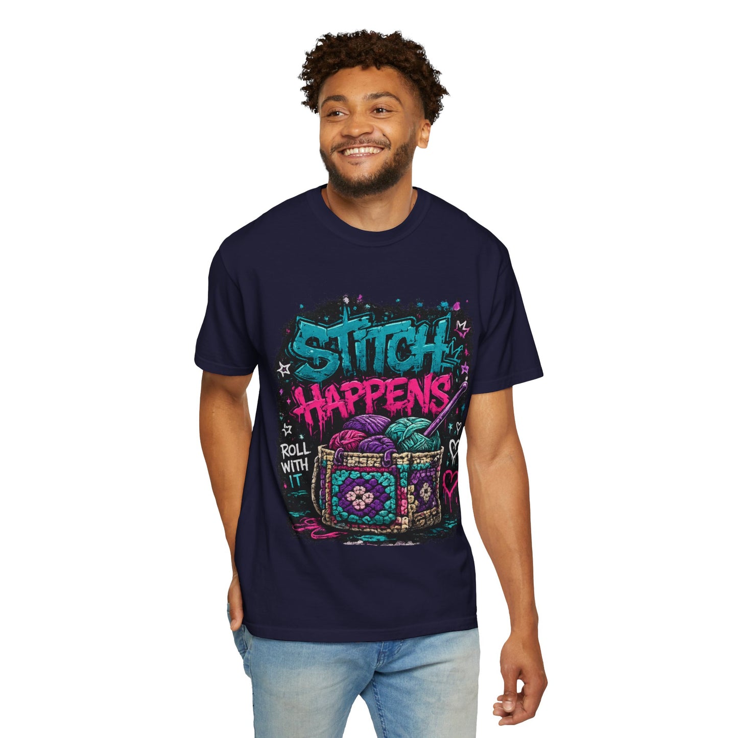 Stitch Happens T‑Shirt — Funny Knitting Crochet Tee (Roll With It)