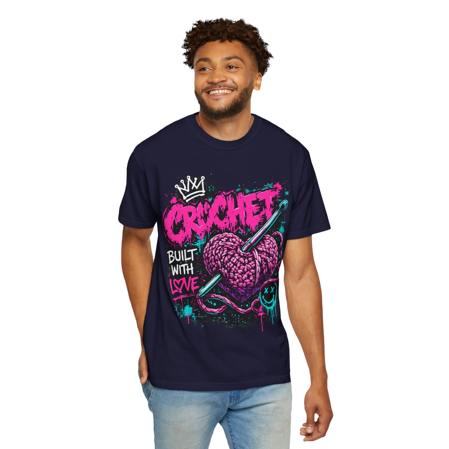 Crochet Built With Love T-Shirt — Retro Graffiti Heart Crochet Tee