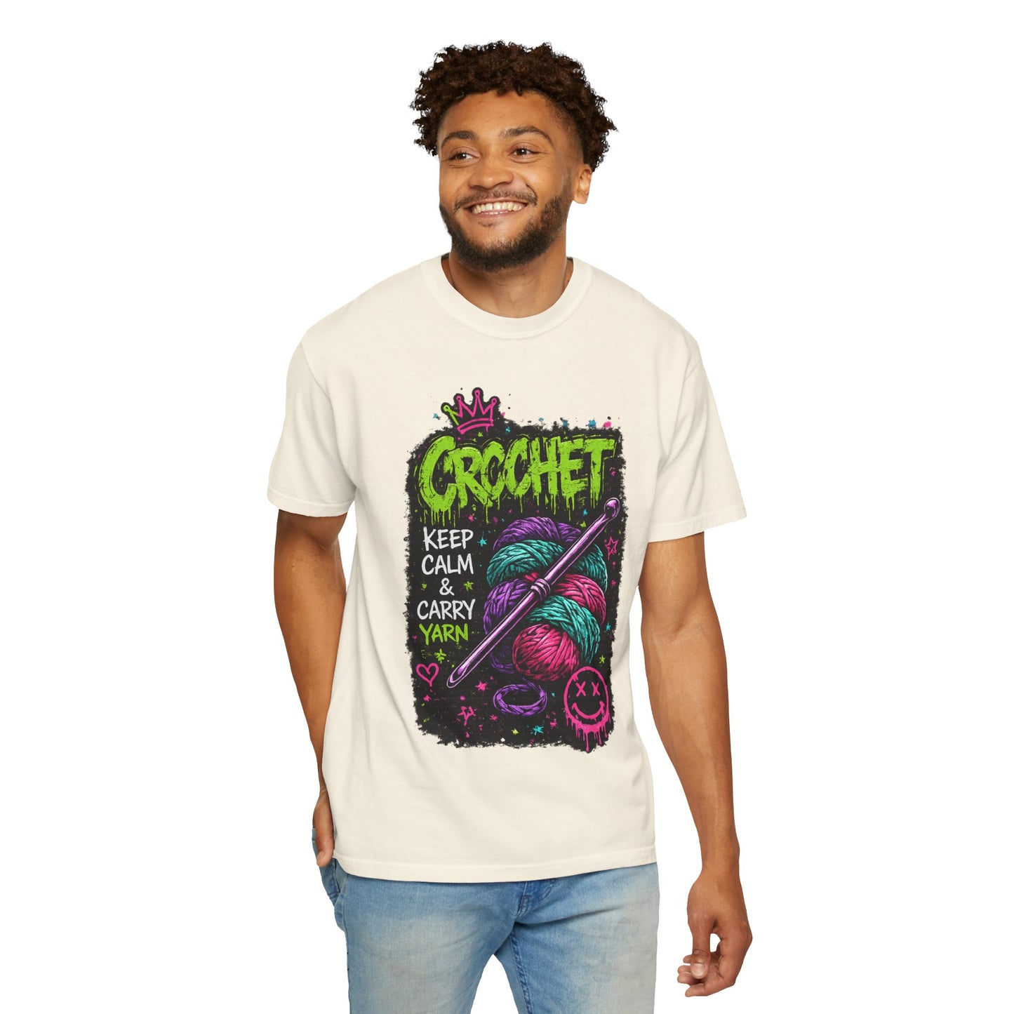 Crochet Keep Calm T-Shirt — Neon Yarn Graphic Tee for Crafters