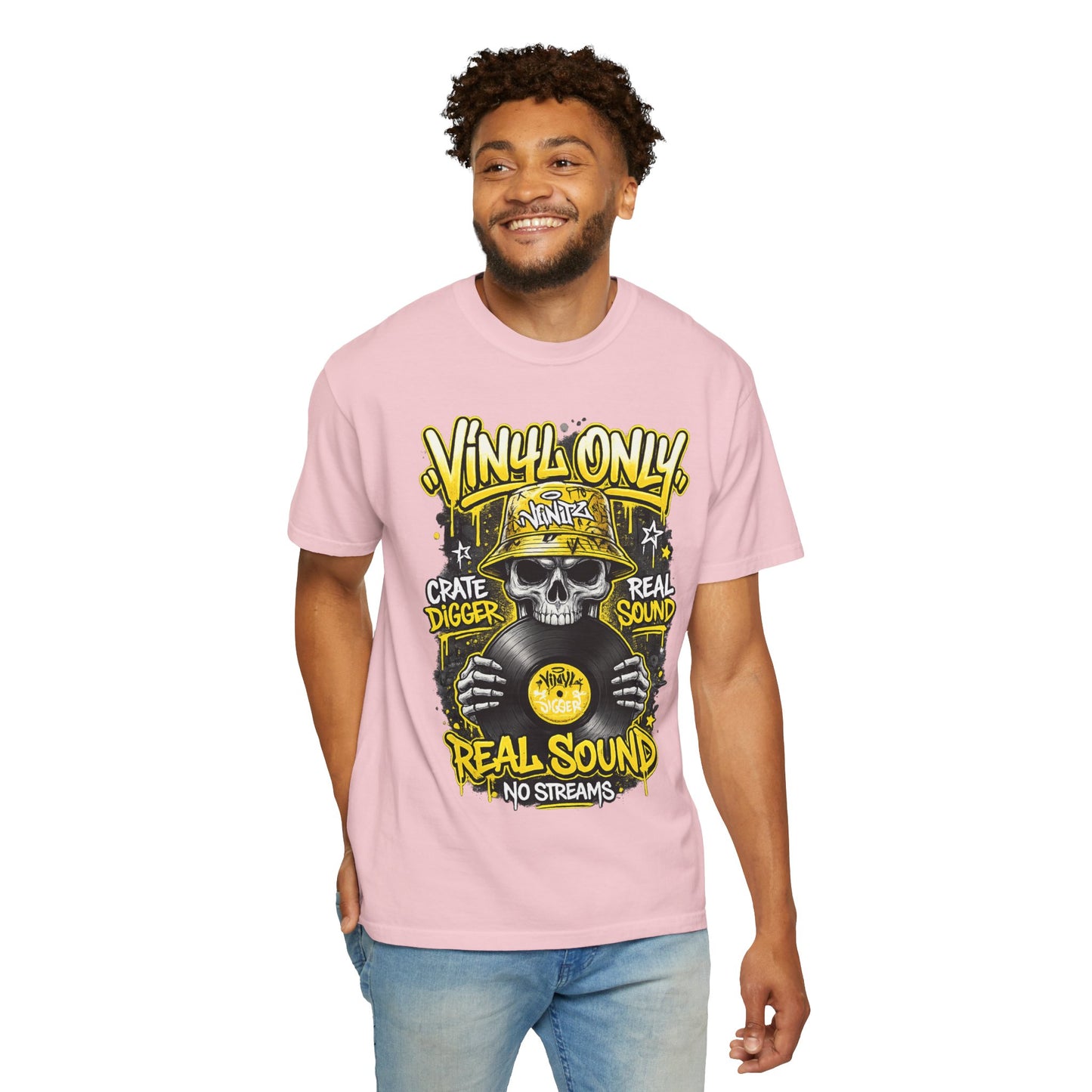 Vinyl Only Skull T-Shirt – "Real Sound, No Streams" Retro DJ Tee