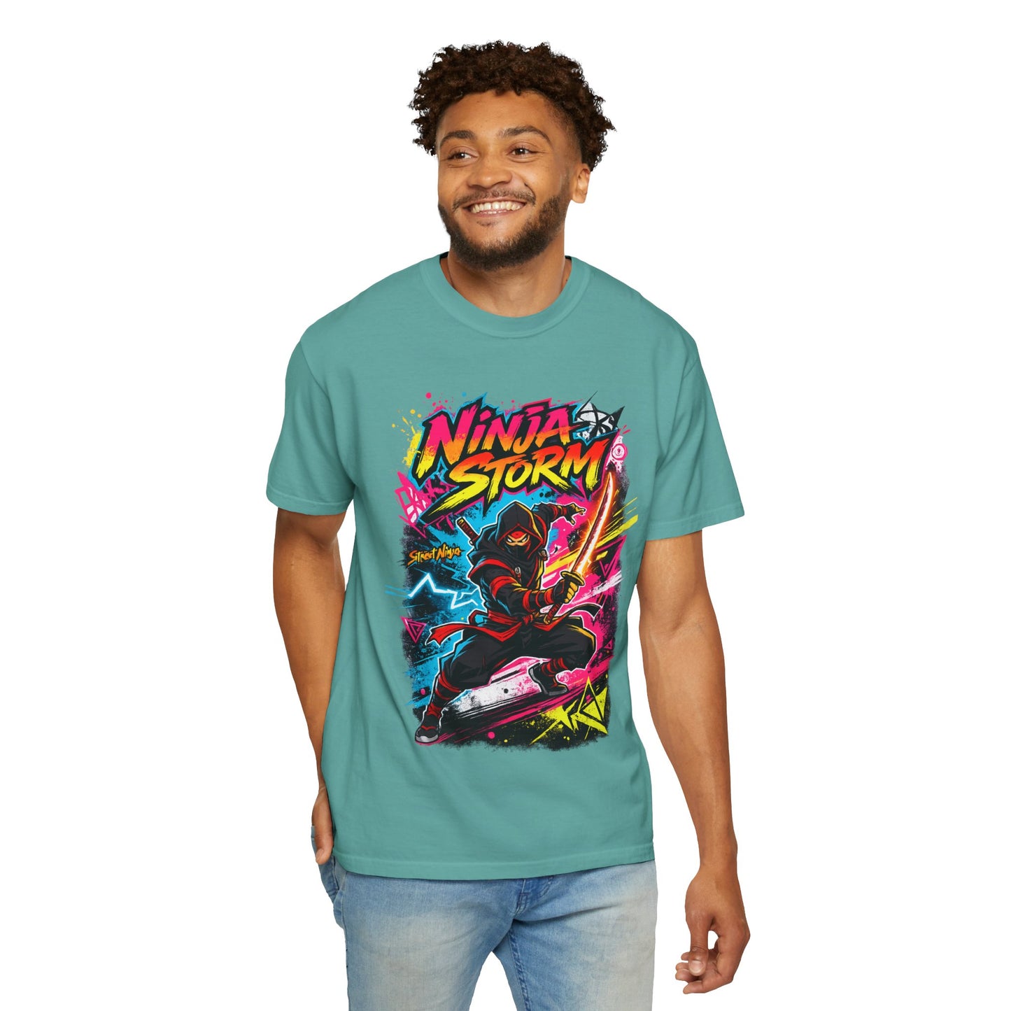Ninja Storm Graphic T-Shirt — Neon Samurai Surf Design