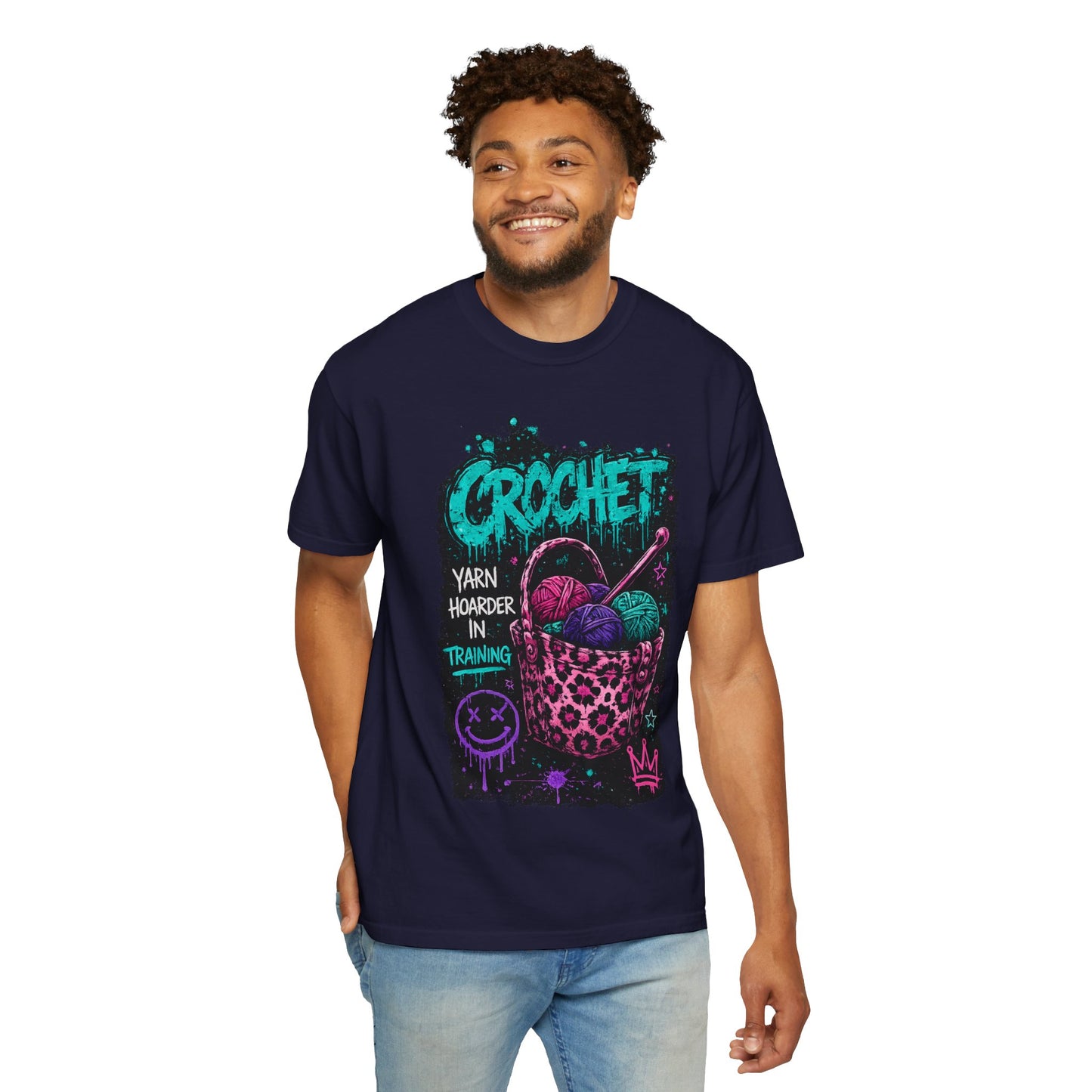 Crochet Crewneck T‑Shirt — "Yarn Harder in Training" Graphic