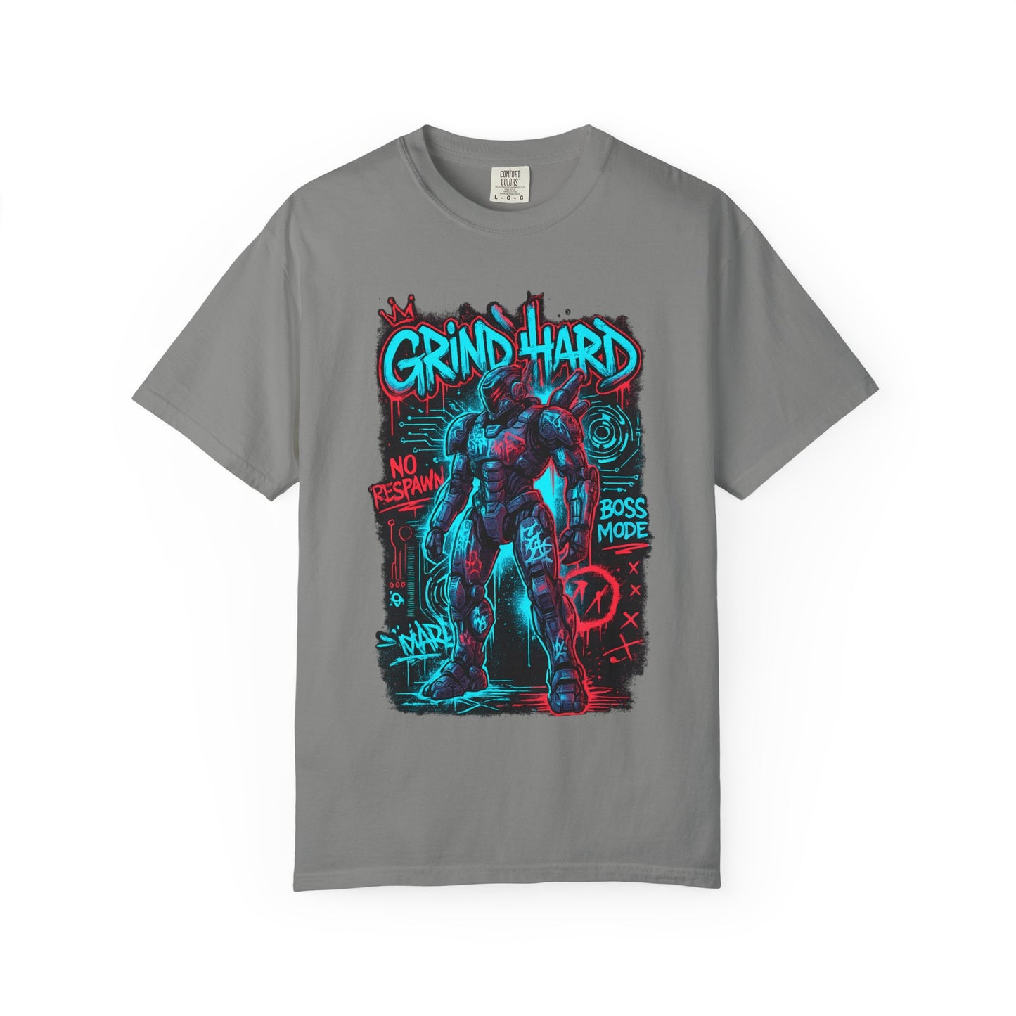 Grind Hard Gamer Warrior T-shirt | Neon Retro Gym Graphic