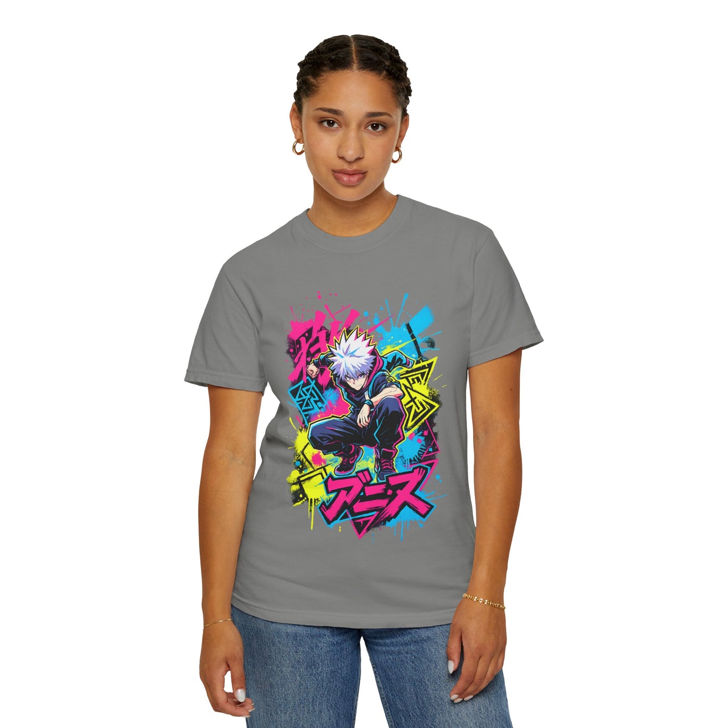 Anime Graphic T-Shirt — Vibrant Neon Jujutsu Kaisen Style Design