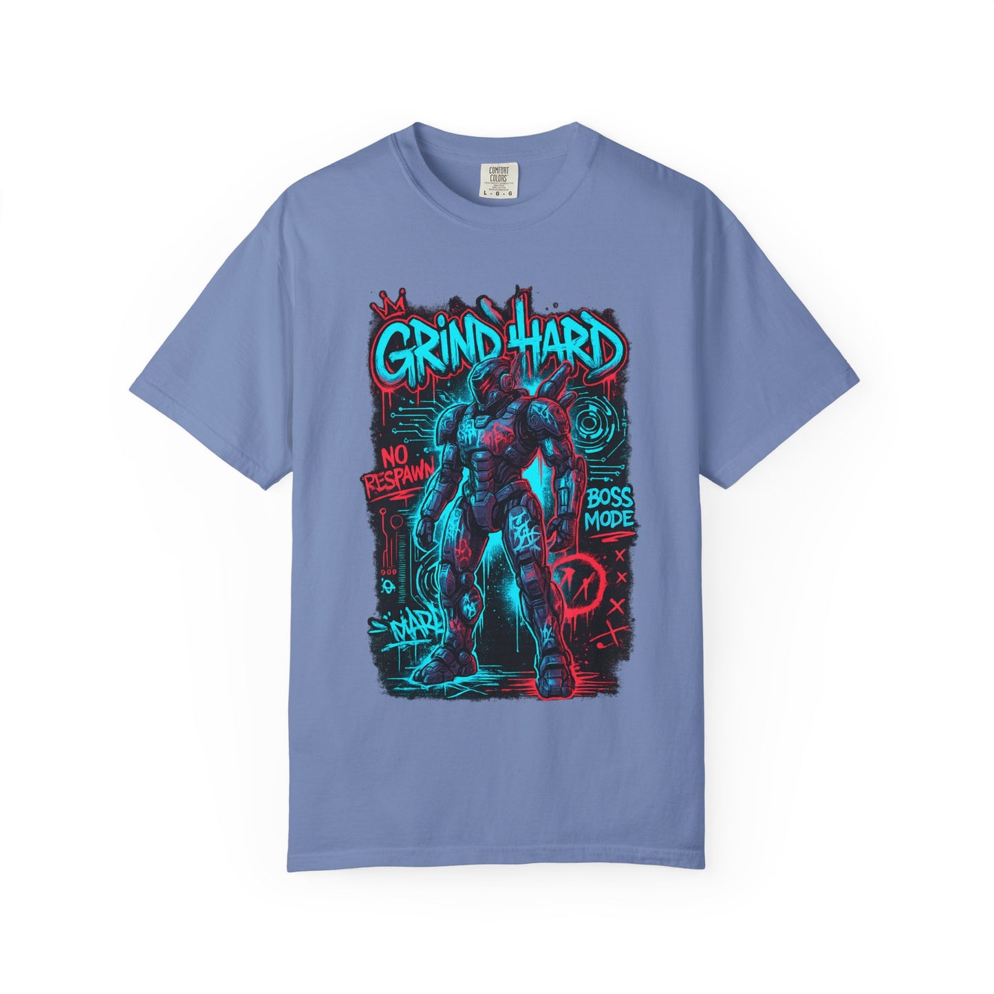 Grind Hard Gamer Warrior T-shirt | Neon Retro Gym Graphic