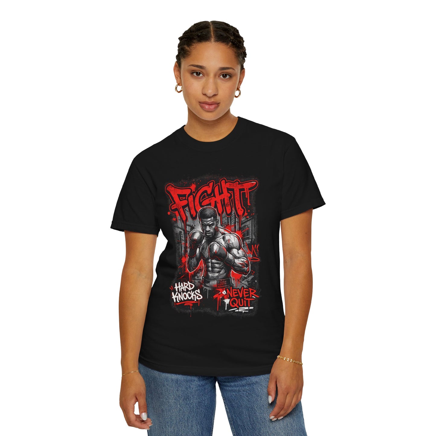 Fight Graphic T-Shirt — "Hard Knocks, Never Quit" Motivational Boxing Tee