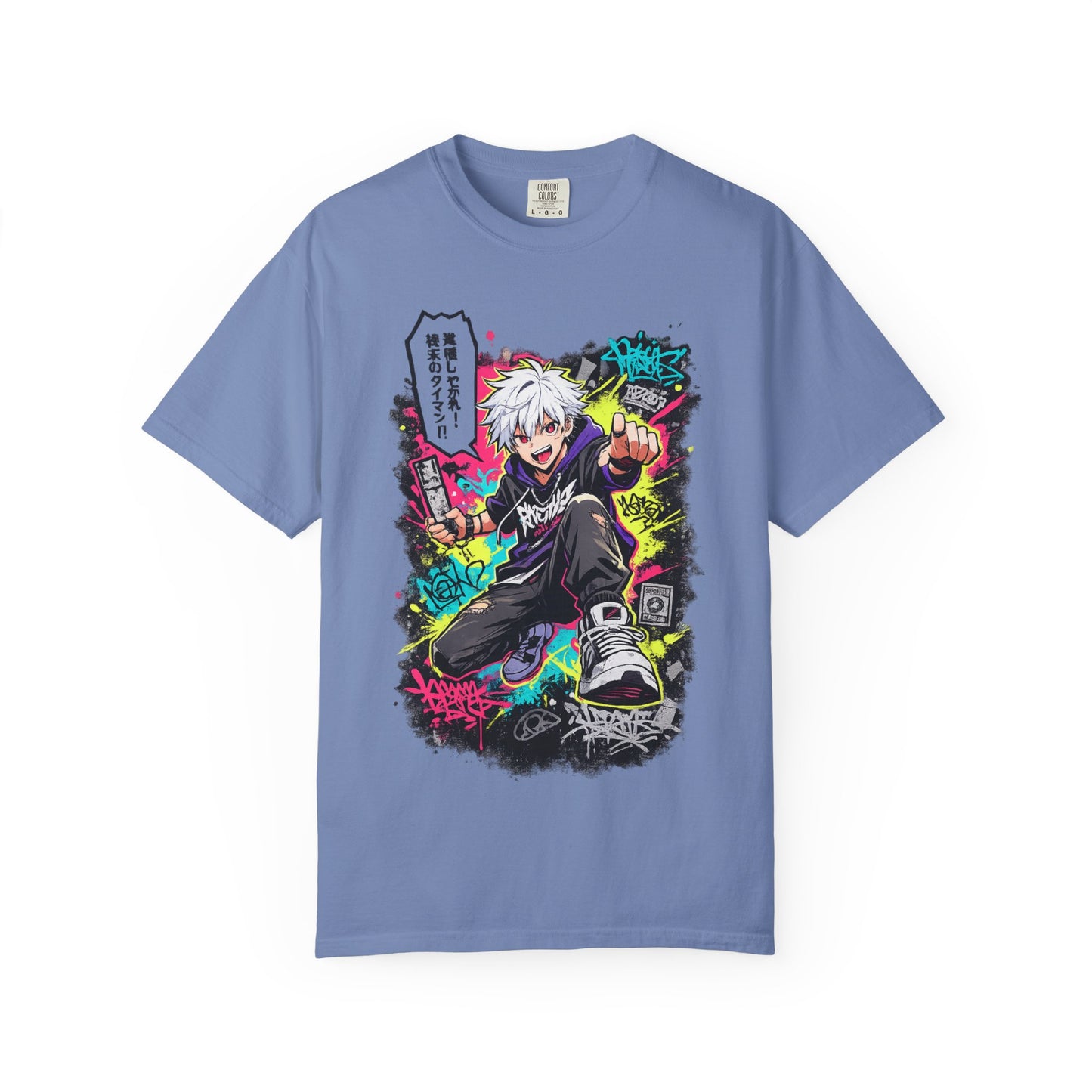 Anime Streetwear T-Shirt — Neon Urban Character Design with Japanese Text