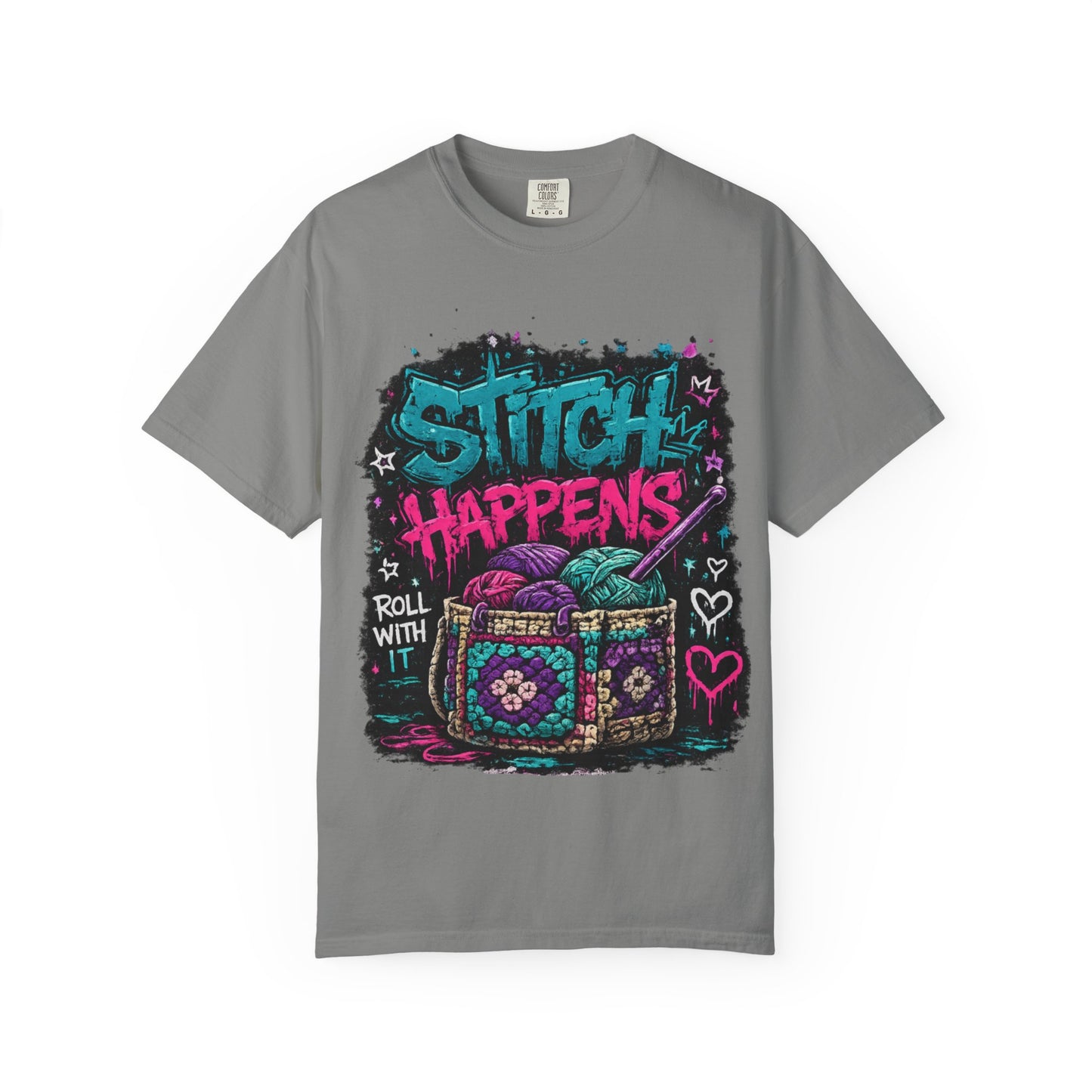 Stitch Happens T‑Shirt — Funny Knitting Crochet Tee (Roll With It)