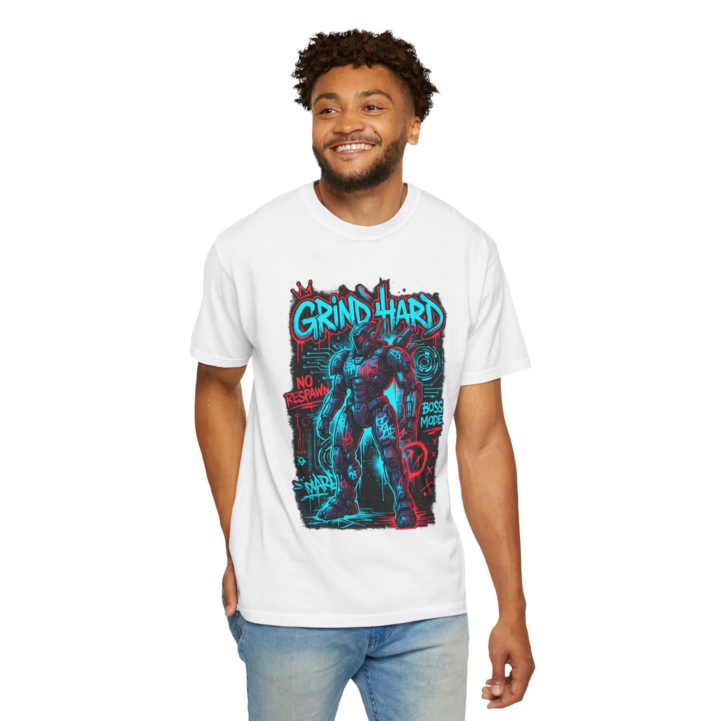 Grind Hard Gamer Warrior T-shirt | Neon Retro Gym Graphic