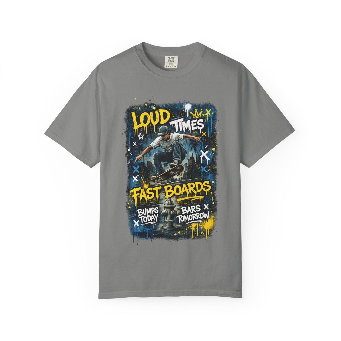 Skateboard Graphic T-Shirt — "Loud Times, Fast Boards" Vintage Skate Tee