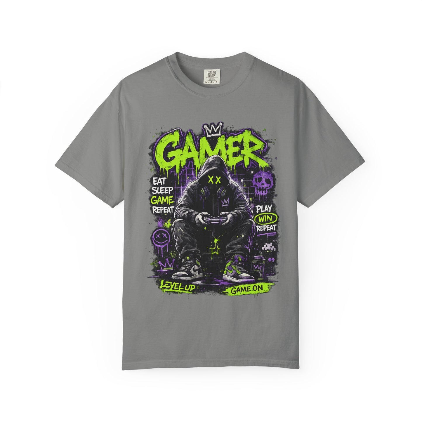 Gamer Hooded Figure Graphic T-Shirt | Neon Green Purple Streetwear